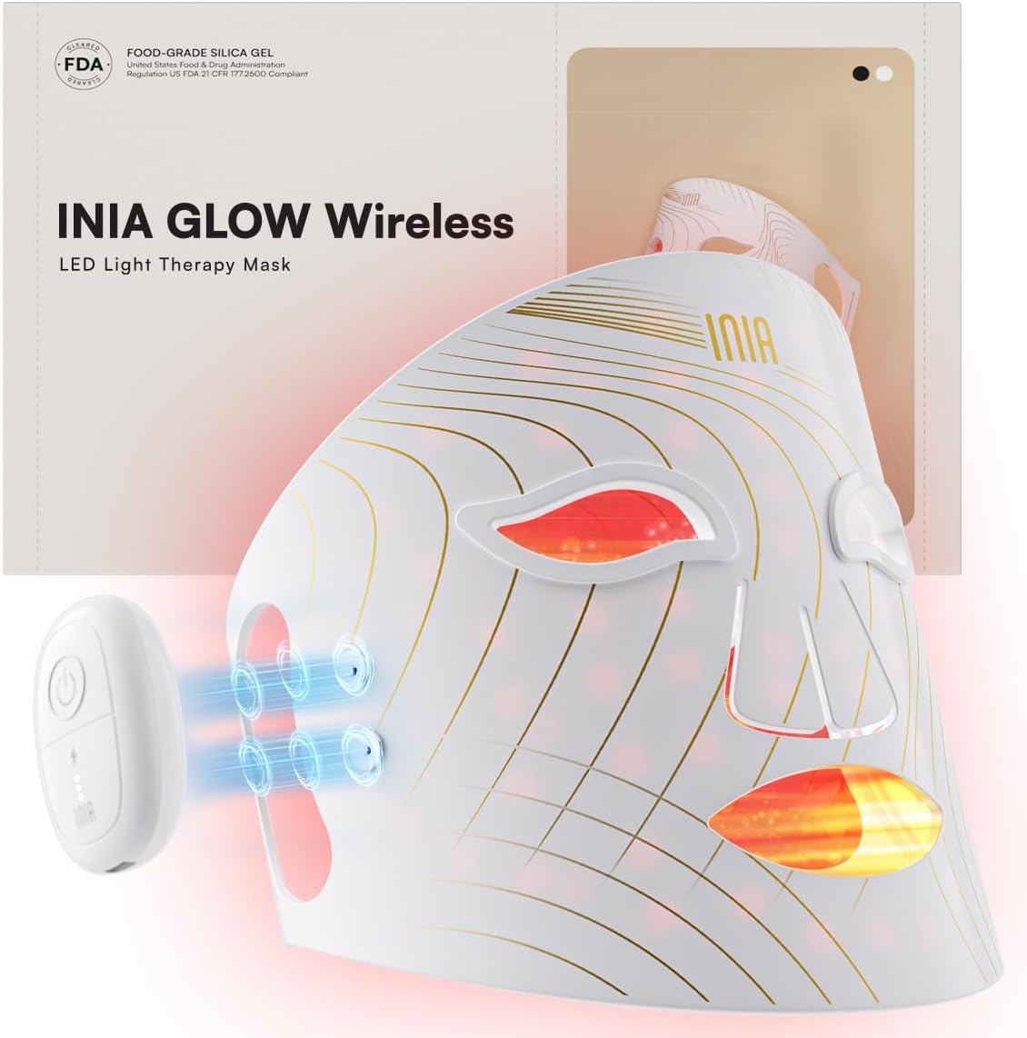 INIA GLOW Wireless Red Light Therapy Mask for Face, 850nm NIR, 272 LEDs | Cordless & Portable, Dual Magnetic Batteries, 3 Light Modes, 272 LEDs, 105mW/cm² Output, Lightweight Silicone, Home & Travel