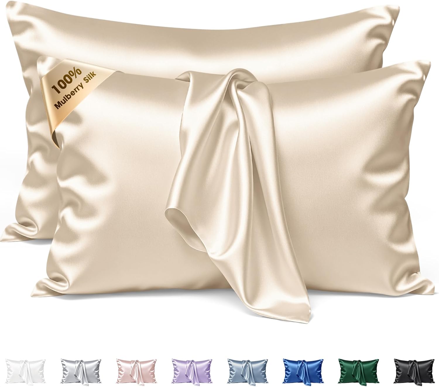 Silk Pillow Cases 2 Pack Standard Size Mulberry Silk Pillowcase Set of 2 for Hair & Skin 26 x 20 Inches 22 Momme Both Sided Grade 6A Silk Soft Breathable Cooling with Hidden Zipper, Beige