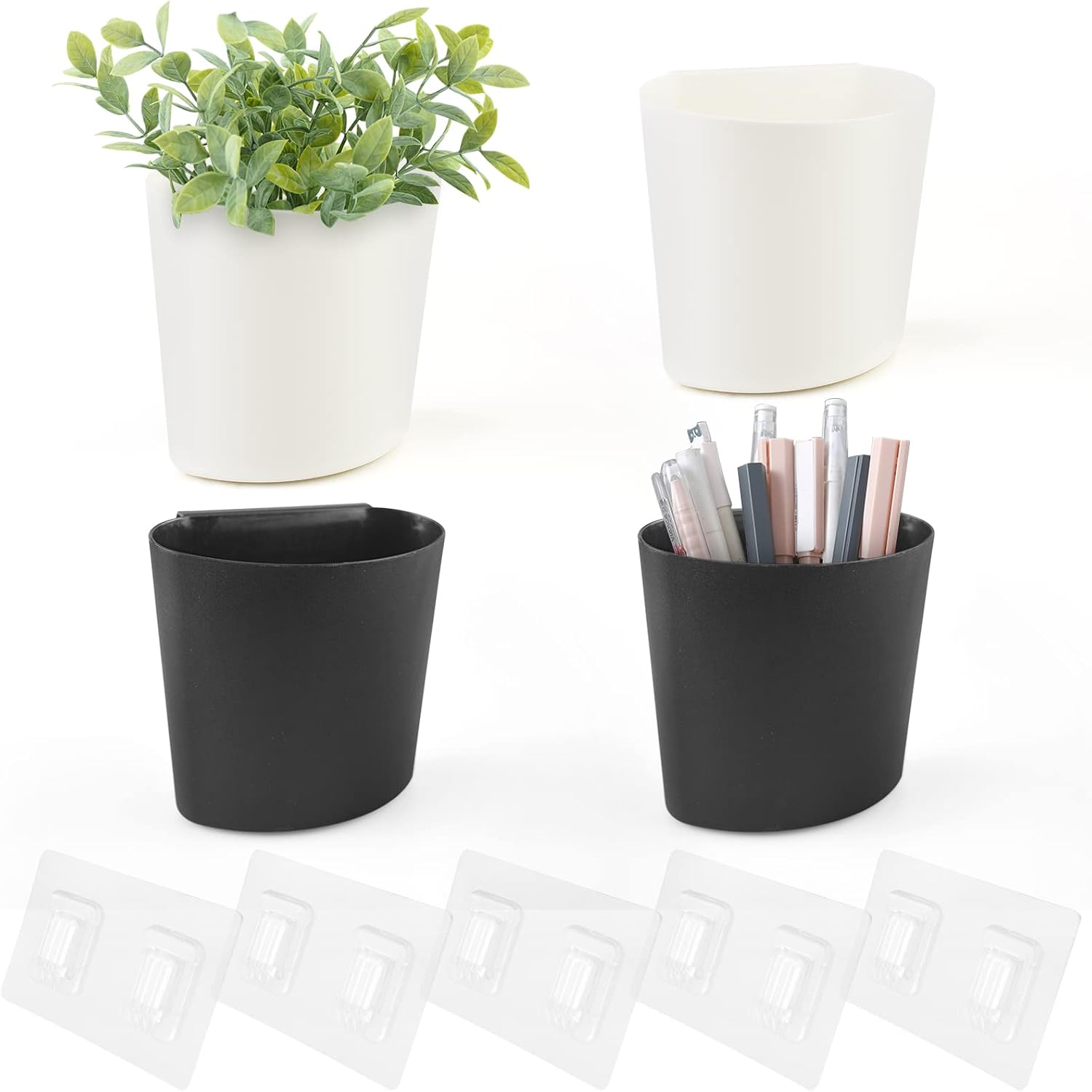 4 Pack Wall Caddy Pen Holders, White & Black Pencil Cups Storage Organizer | Wall Hanging Cups for Marker / Remote / Crayon / White Board / Rolling Cart, with Adhesive Stickers, Office Art Craft Room