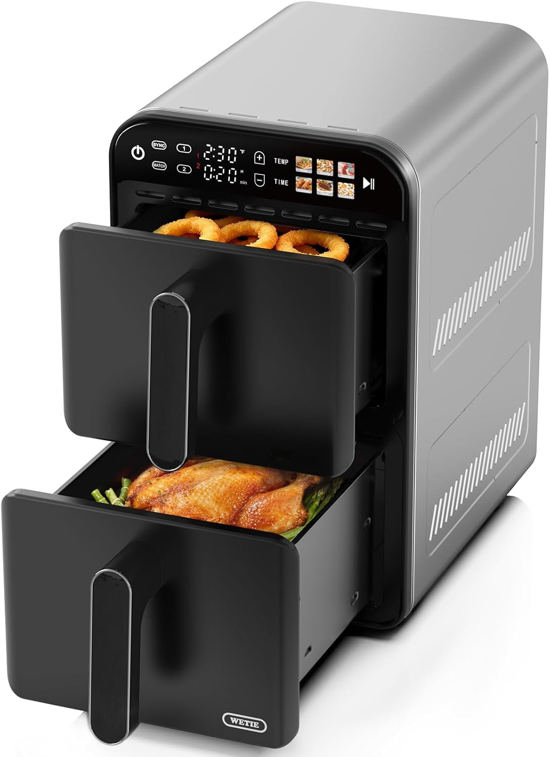WETIE Air Fryer, Dual Basket Air Fryers, 12QT Large Capacity | Stacked Dual Zone, Space-Saving, Max 450℉, Touchscreen Controls, Presets, Sync & Match Functions, Dishwasher-Safe Parts