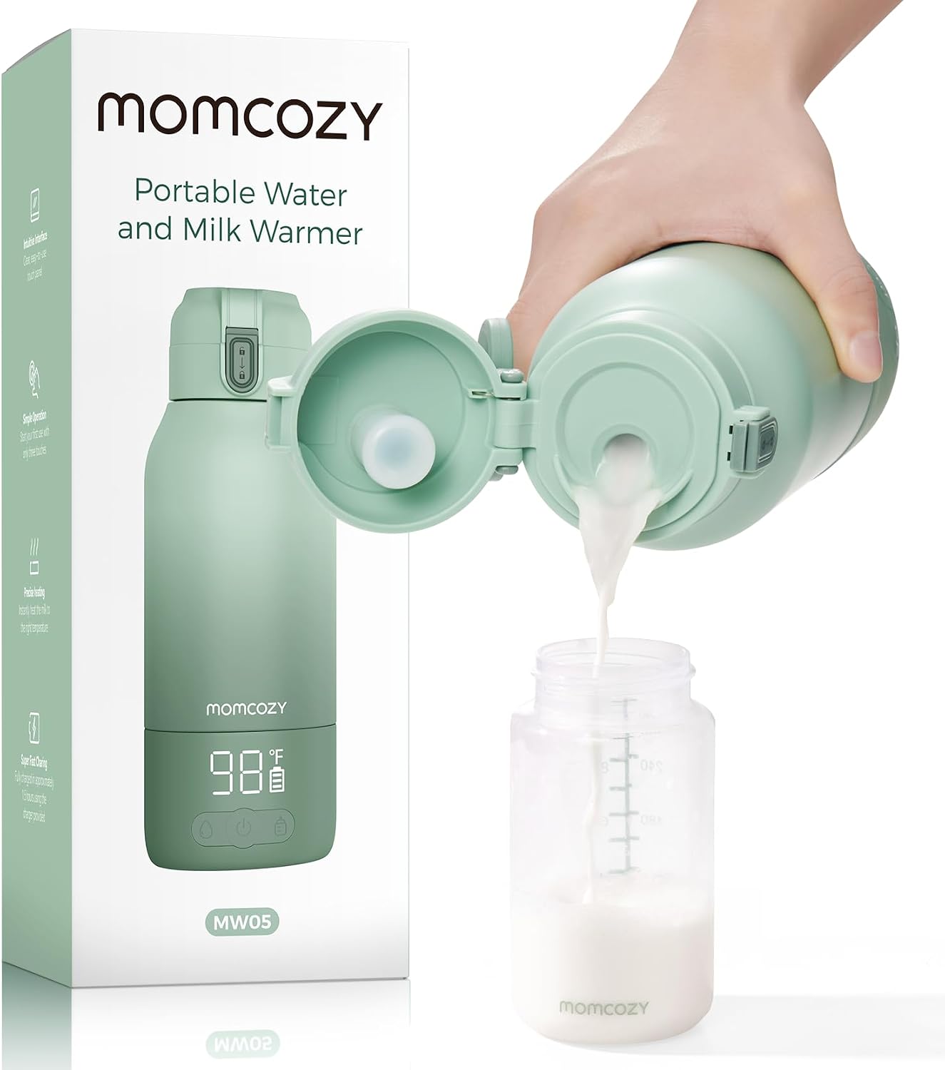 Momcozy Portable Bottle Warmer for Breast Milk, Baby Travel Essentials | Fast Heating with Nutrients Preserved, Precise Temp Control, Dual Heating Modes for Breast Milk & Water, 17OZ Large Capacity