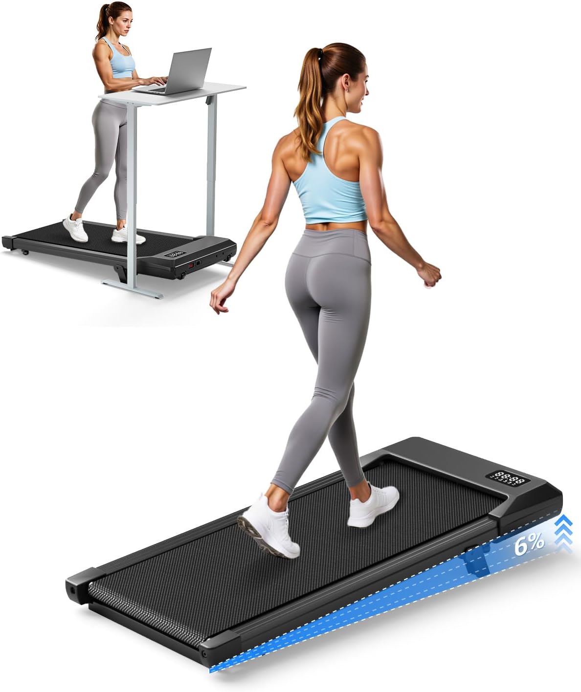 Superun Walking Pad with 6% Incline, Under Desk Treadmill for Home Office, 3 in 1 Portable Walking pad Treadmill with Remote Control, 2.5HP Quiet Mini Treadmills, 300 lbs Capacity