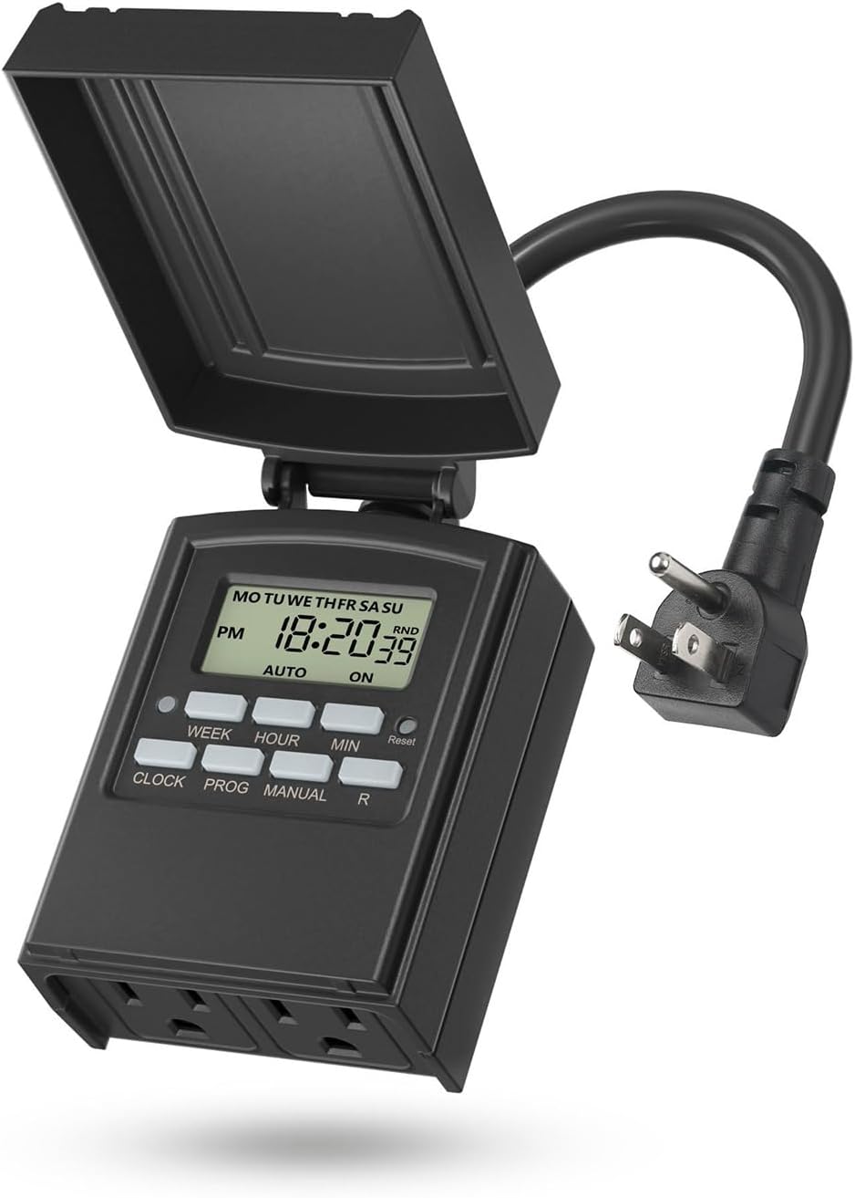 BN-LINK Outdoor 7-Day Programmable Timer Outlet, 2 Outlets | 8 On/Off Programs; Random/DST Modes; 15A/1875W; 3 Prong Digital Timer for Lights, Pump, Sprinkler, Fountain; ETL Listed
