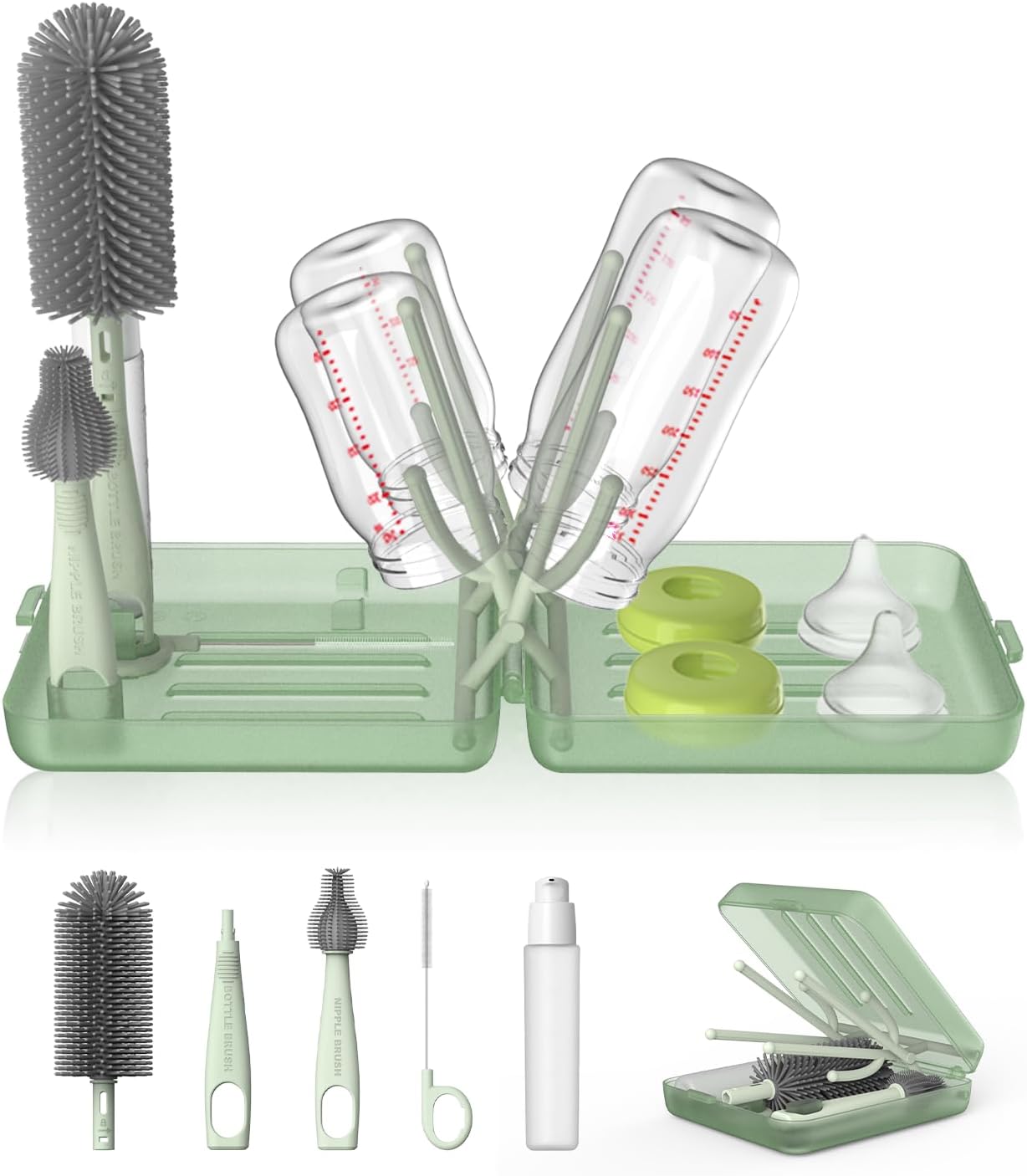 YOTIME Travel Bottle Brush Set, Foldable Drying Rack, Dispenser