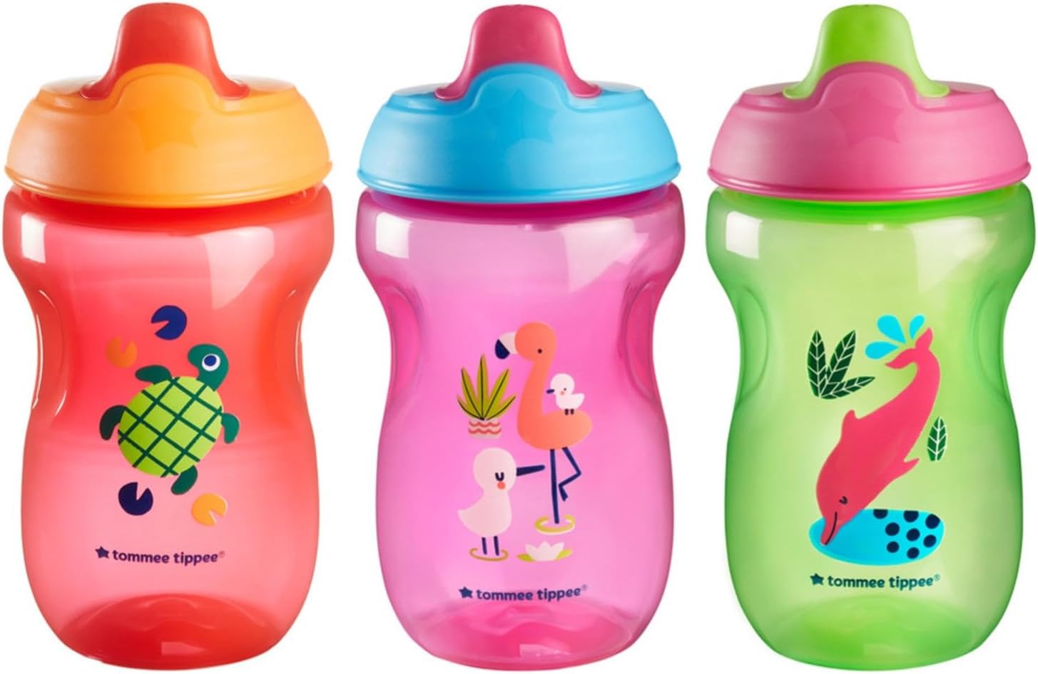 Tommee Tippee Toddler Sippee Cup, Spout, 9m+, Non-Spill, 10oz | Pack of 3, Bite-Resistant Spout, Easy to Hold, Leak-Proof, Red, Purple & Green, BPA Free
