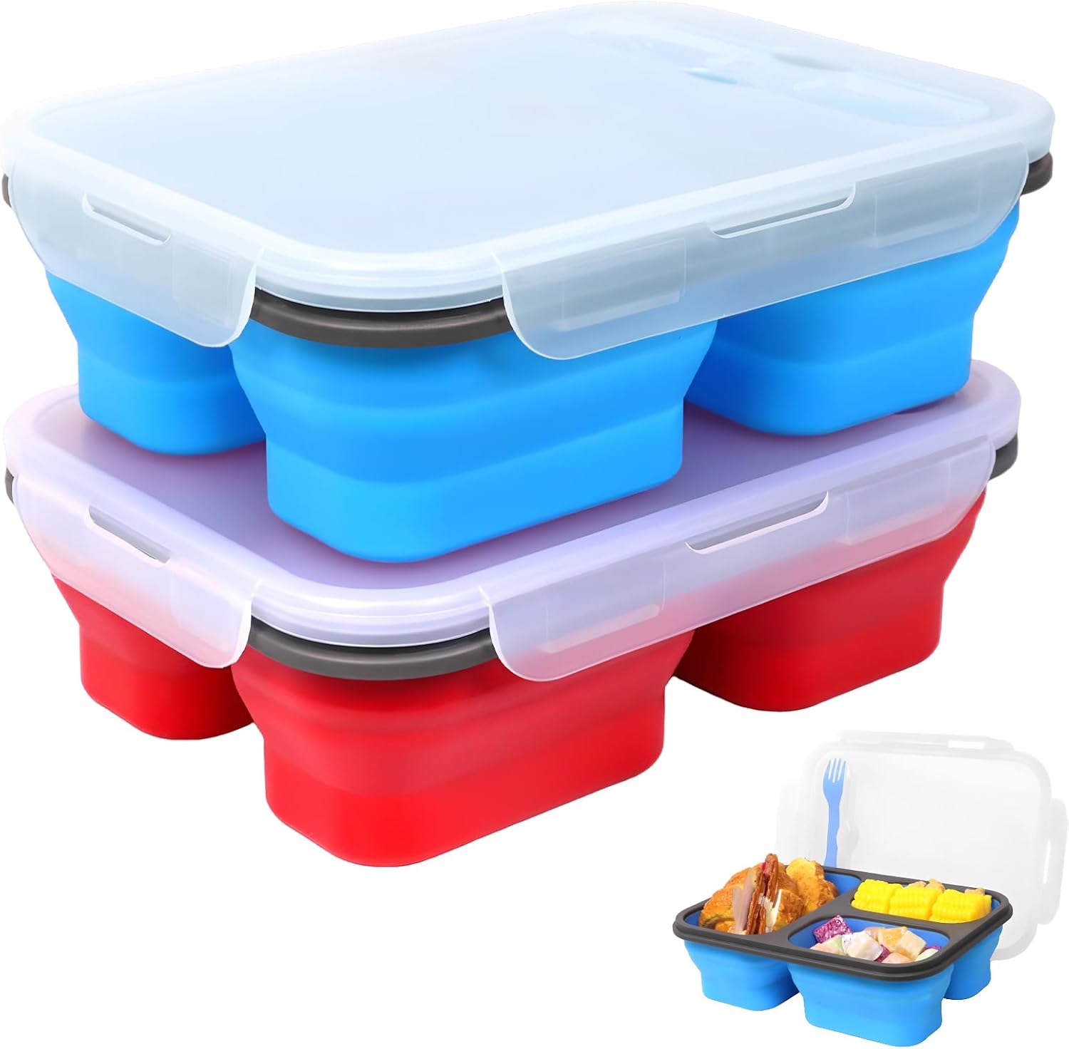Big Collapsible Silicone Bento Lunch Box, 2 Pack with 3 Compartments Each,45.6oz Food Storage Containers with Spoons Forks, Portable for Work, Picnic, Travel, BPA Free