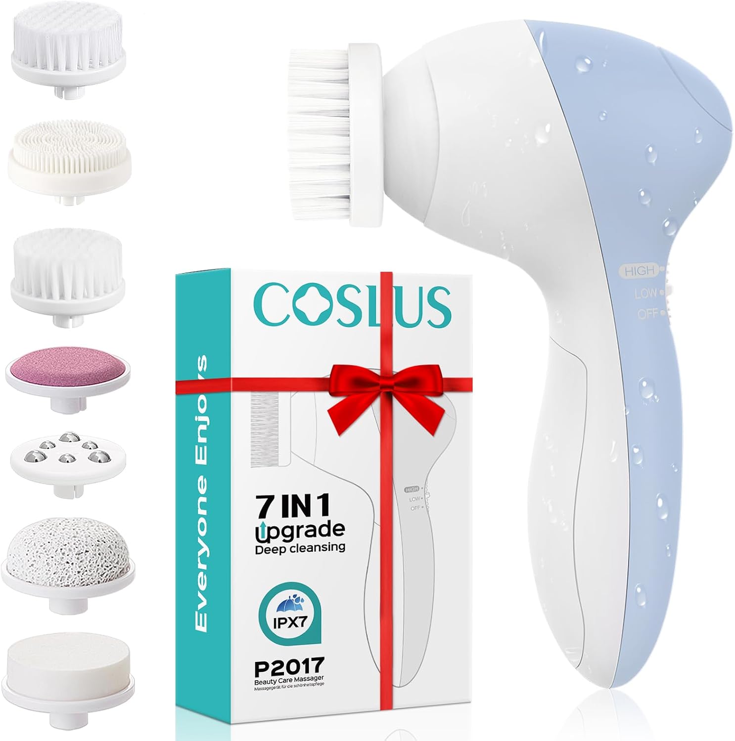 COSLUS Facial Cleansing Brush Face Scrubber, 7-in-1 Rotating Design | Electric Exfoliator Massage Brush for Deep Cleaning, Gentle Skin Care, for Men and Women, Waterproof, Blue, Upgrade Set