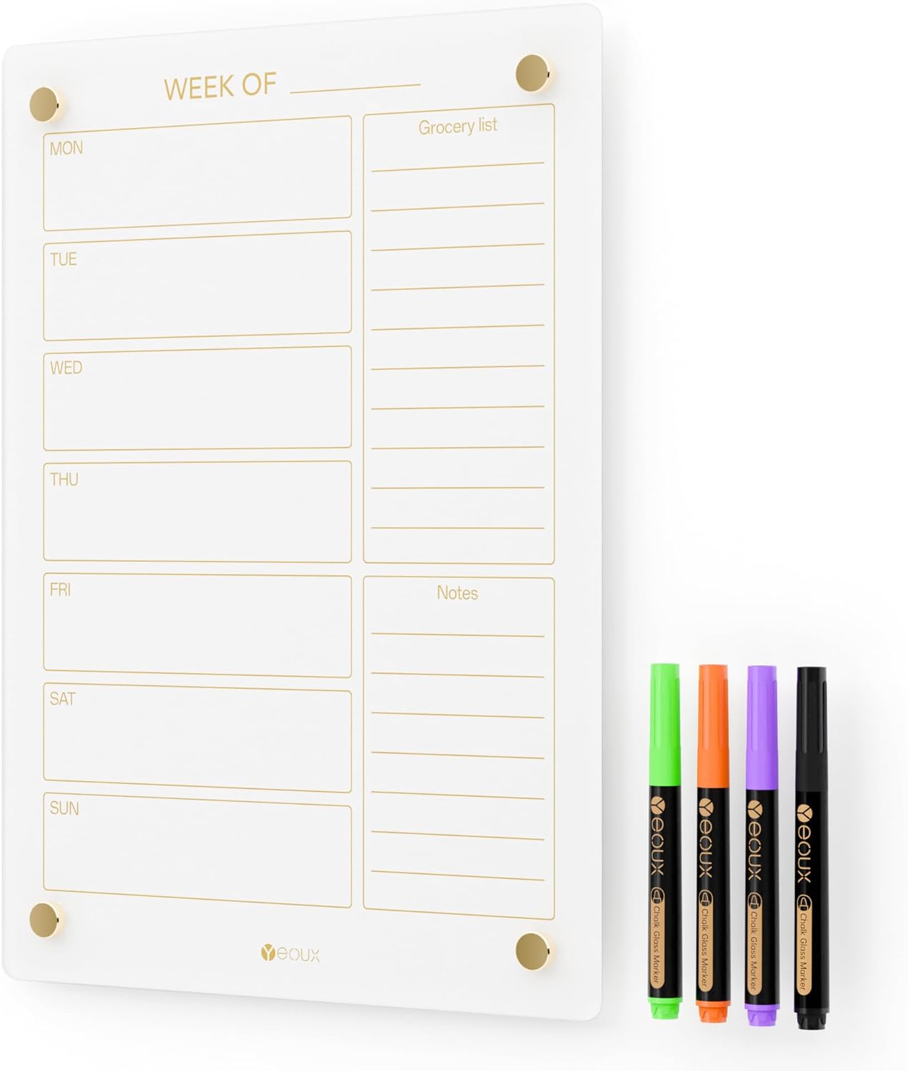 Glass Golden Weekly Dry Erase Calendar & Menu Whiteboard for Wall, Meal Planning & Grocery Shopping List White Board for Kitchen, 15×11, 7 Days Planner for Home, 4 Wet Erase Markers Included, Yeoux