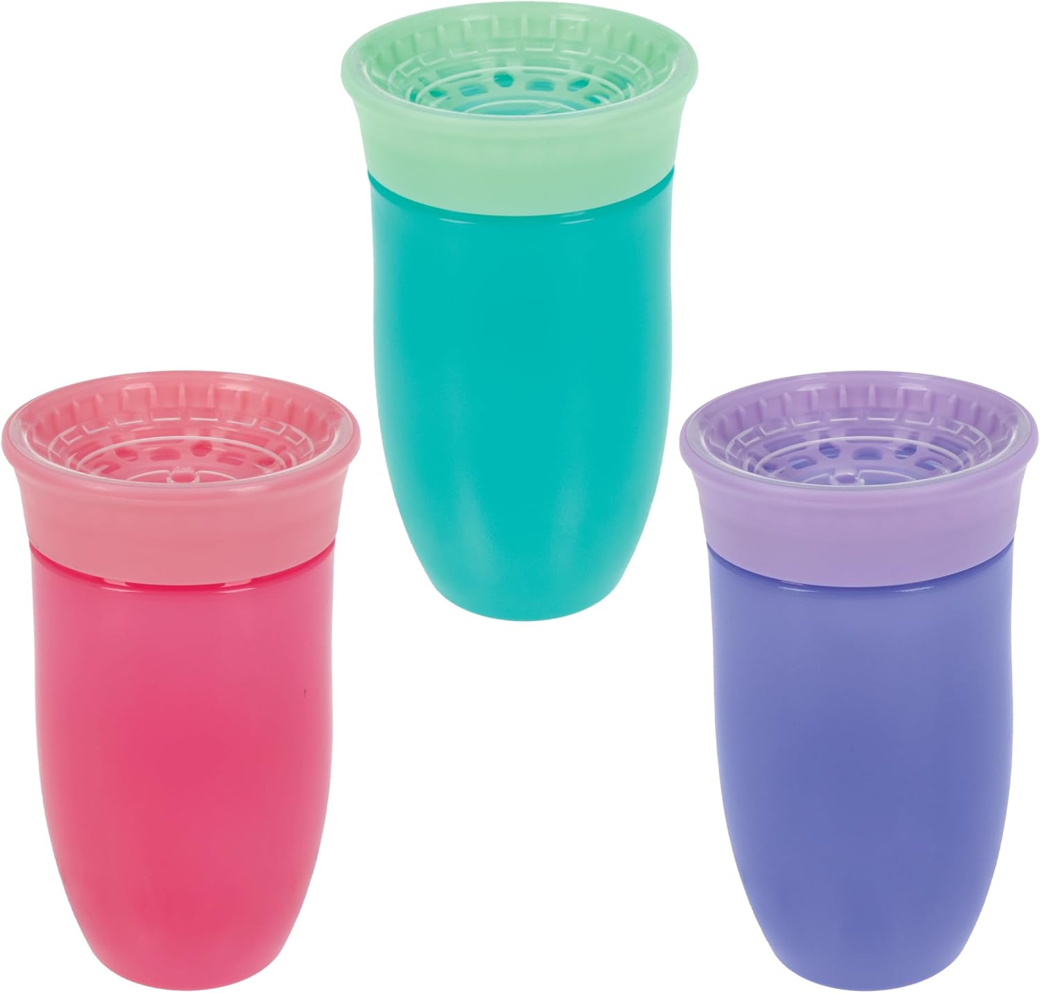 Nuby Wonder Cup – 10 oz – 3 Pack | 360 Smart Edge Silicone Rim – Aqua/Purple/Pink