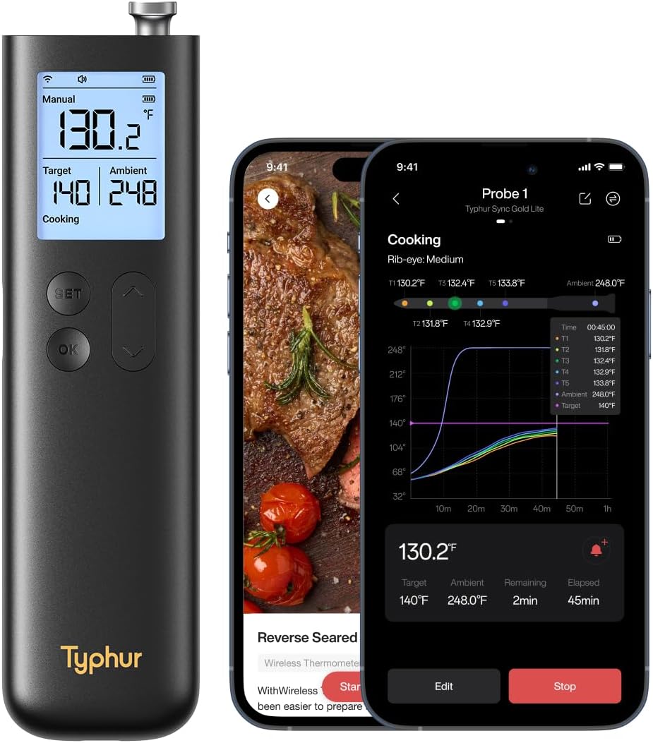 Typhur Sync Gold Gen2 Sub-1G Wireless Meat Thermometer with 6 Sensors & LCD | Enhanced 10X Signal Stability, Unlimited WiFi Range, Bluetooth Thermometer For BBQ, Oven, Smoker, Grill & Air Fryer