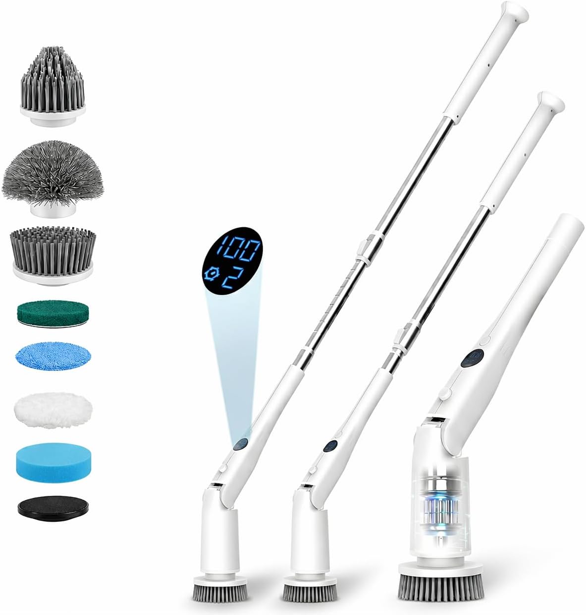 Electric Spin Scrubber, High Torque Deep Cleaning Scrubber, Cordless Cleaning Brush with Adjustable Handle & 7 Replaceable Heads, Heavy-Duty Bathroom Scrubber for Bathroom Cleaning (White)