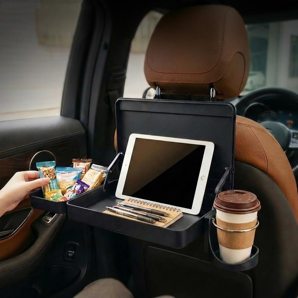 Car Back Seat Tray Table – Foldable & Adjustable Travel Desk for Eating, Working, Gaming | Sturdy Plastic Snack Lap Tray for Adults | Fits SUV, Sedan, Minivan (Folding Storage Box)