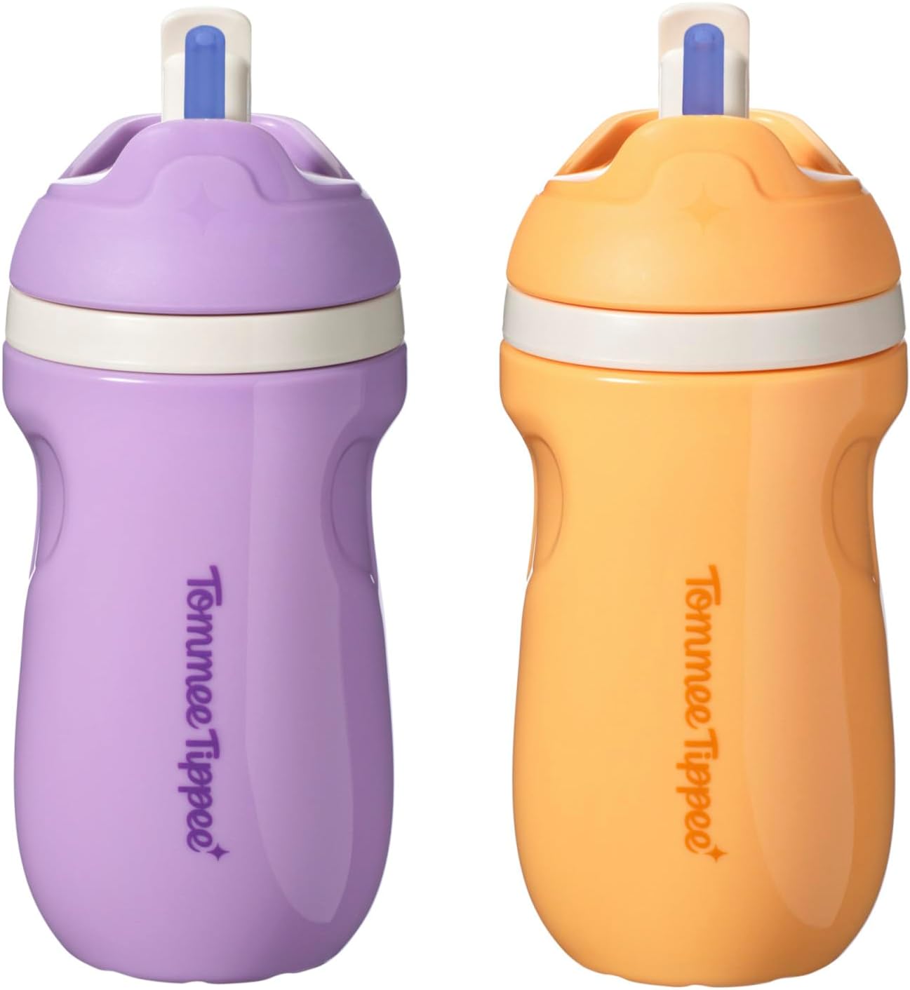 Tommee Tippee Toddler Straw Cup, Sporty, 1-3 Years, Spill-Proof, 9oz | Pack of 2, Insulated, Carry Handle, Bite-Resistant Spout, Flip Lid Keeps Straw Clean, Purple & Orange, BPA Free