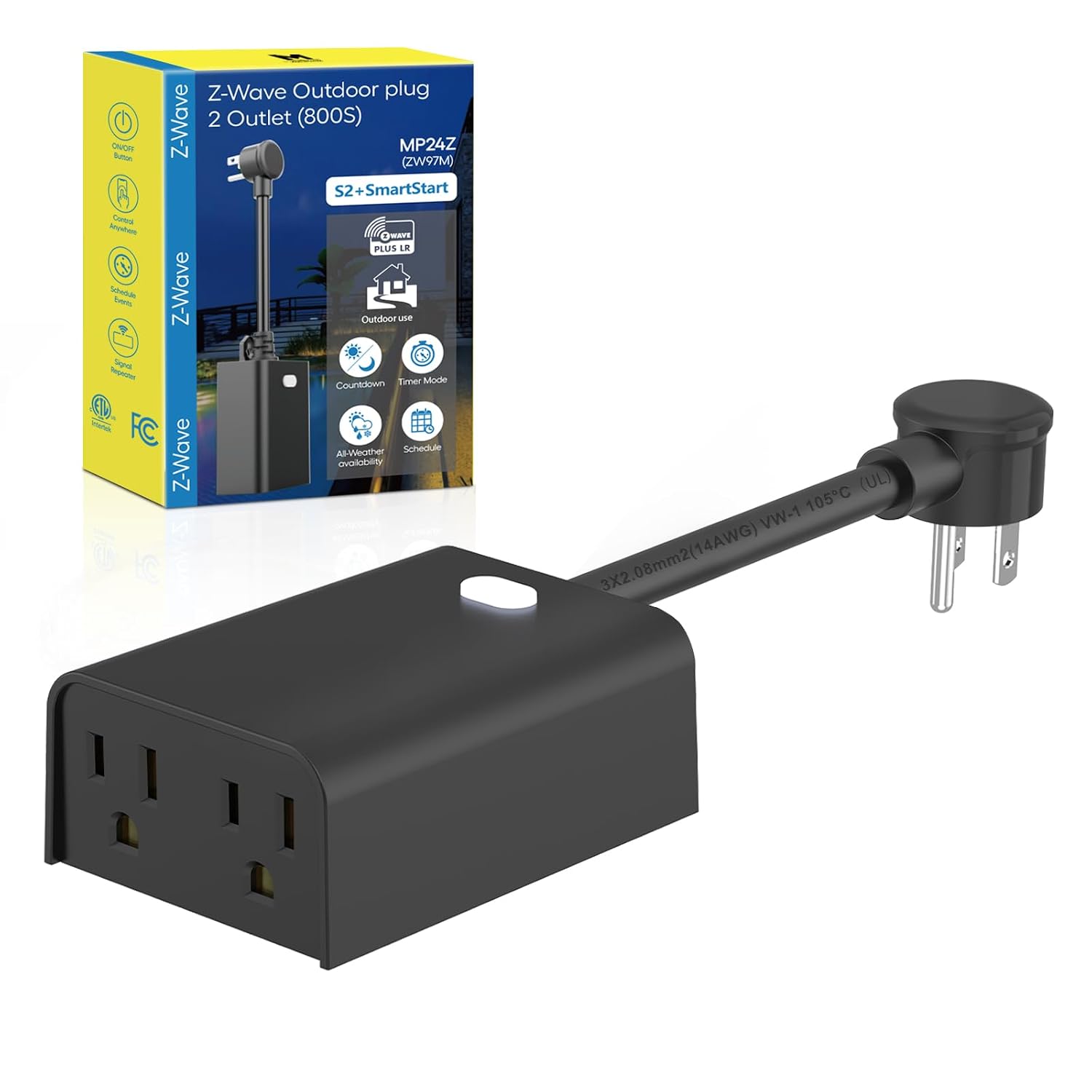 800 Series Z-Wave Plug, Outdoor Zwave Smart Plug with 2 Individual Outlets, Waterproof Z-Wave Smart Outlet for Christmas Lights Compatible with SmartThings, Alexa, Zwave Hub Required (MP24Z)