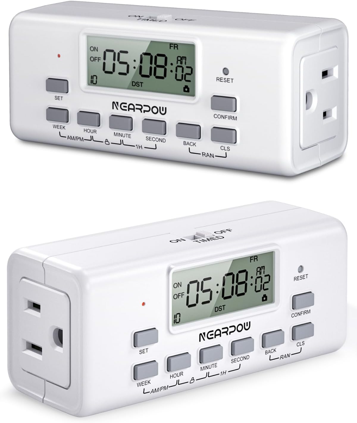 NEARPOW 2-Pack Digital Timer Outlets, Dual 3-Prong, 7-Day Programmable | Indoor Electric Outlet Timer for Lamps & Lights, 10 On/Off Programs, 24-Hour Schedule, Heavy Duty 15A/1875W Power Switch
