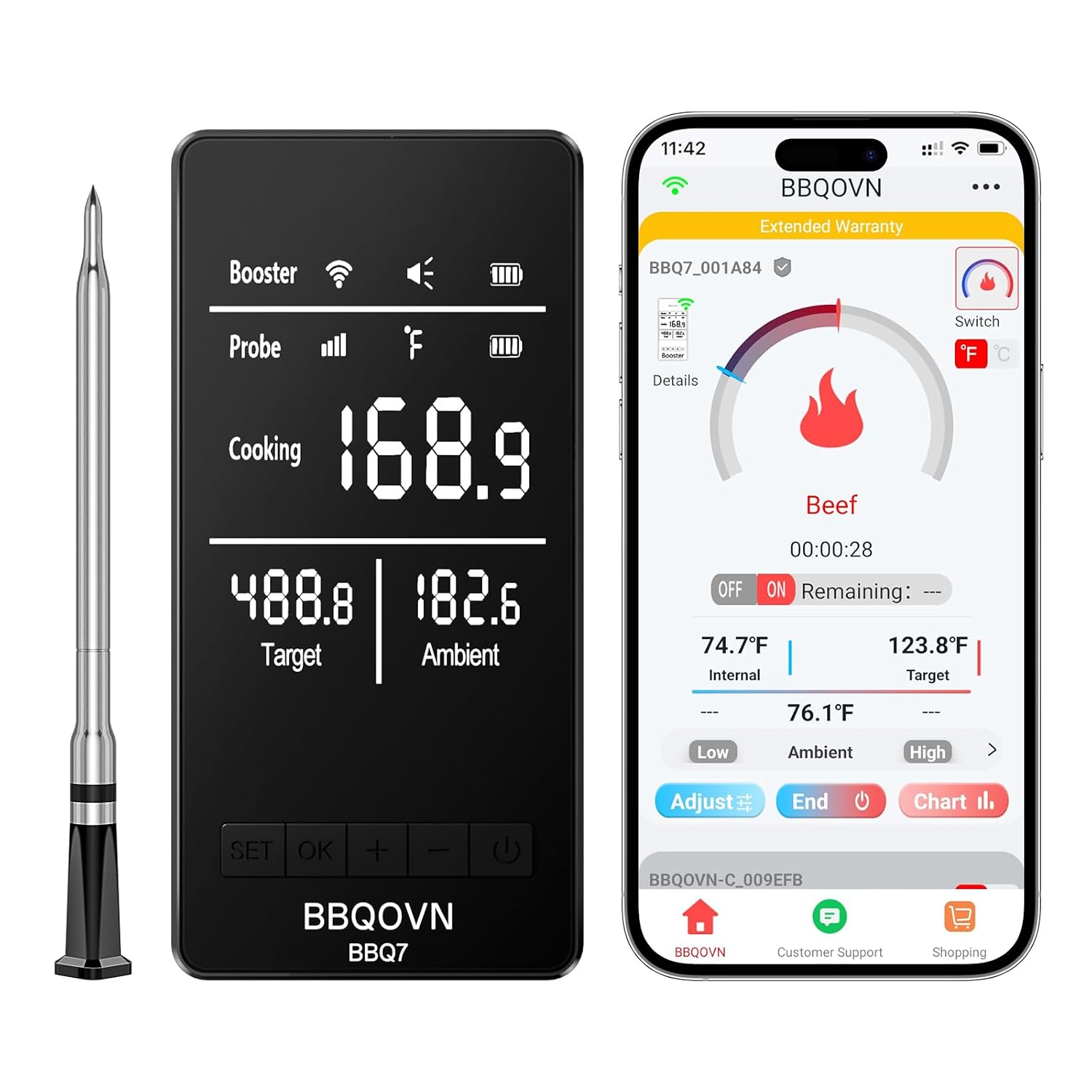 Smart WiFi Wireless Meat Thermometer, Sub-1G 656FT Range, 7-Sensor Probe, Standalone LED Base, IP68 Waterproof, APP Remote for BBQ Grill Smoker Oven