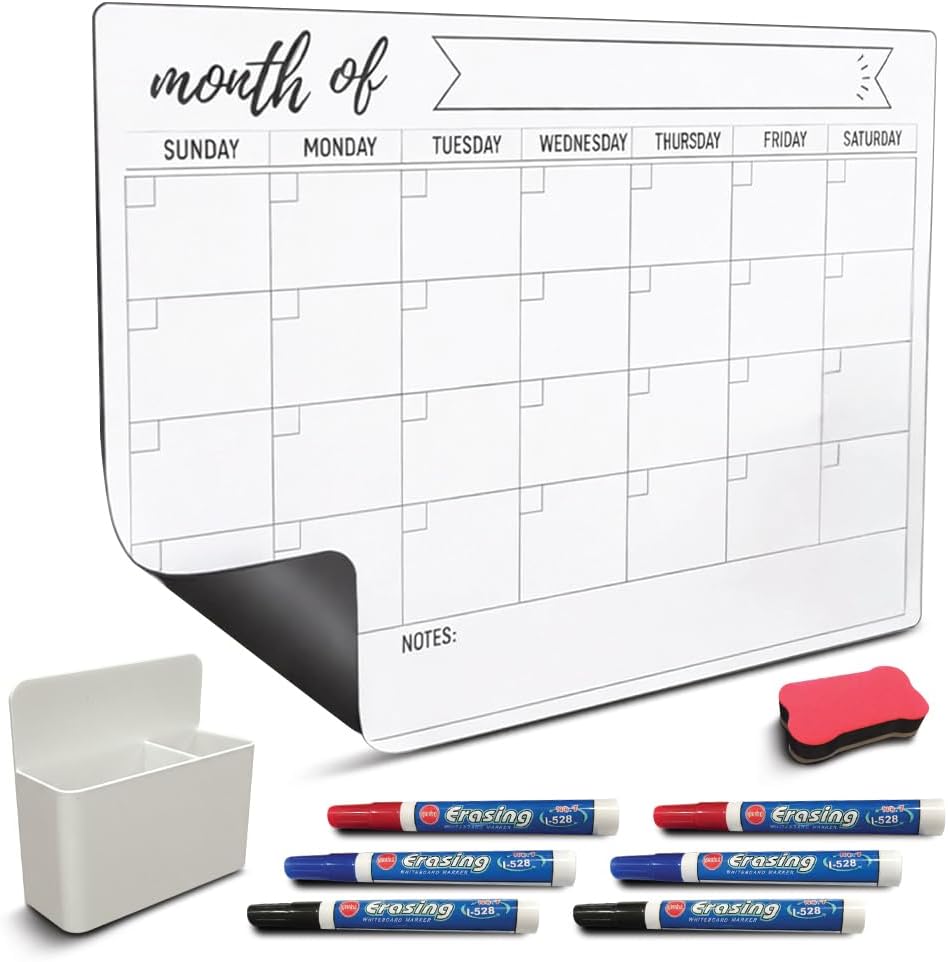 Magnetic Fridge Calendar 15” x 12” – Dry Erase Fridge Calendar with Full-Back Magnet, Monthly Refrigerator Planner Board with Magnetic Pen Holder, 6 Markers & Eraser, Reusable Kitchen Organizer
