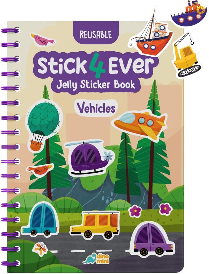 Stick4Ever Jelly Sticker Book® – for Kids – Waterproof, Easy to Clean Reusable Sticker Book for Toddlers- Reusable Road Trip Activities for Kids – Stocking Stuffers for Toddlers (Vehicles)