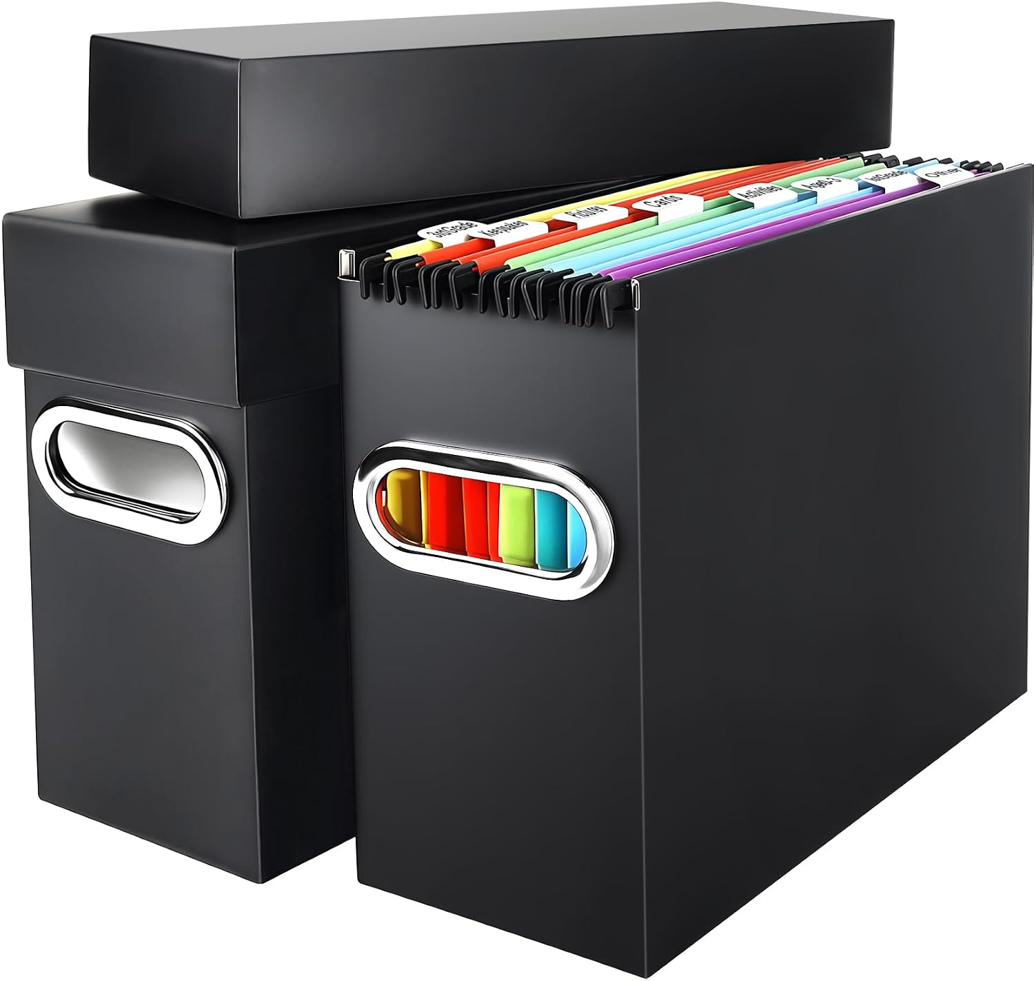 File Organizer Box with Lid & Handle, Thickened Cardboard Hanging File Folder Storage Boxes for Letter Size, Portable Filing Organizer for Office, Home, Classroom, Black 2 Pack