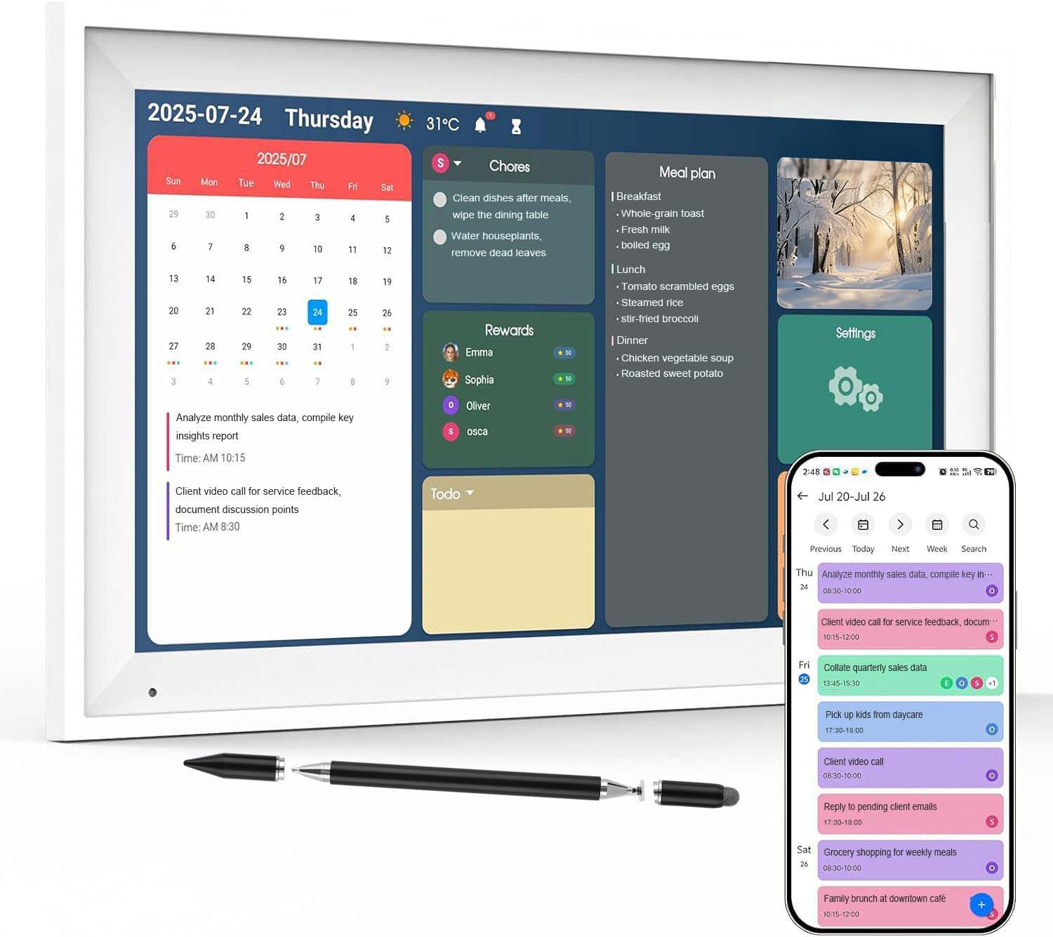 10.1 Inch Smart Digital Family Calendar, White | 10.1in digital calendar, 1280×800 touchscreen, 32GB WiFi sync, wall desk mount, stylus, screen guard, art gallery meal plan