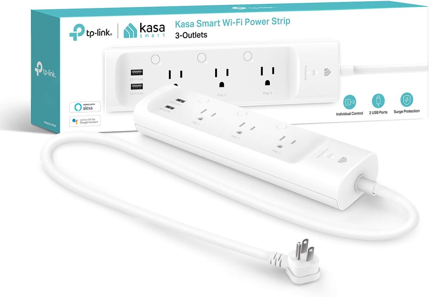 kasa smart Plug Power Strip KP303, Surge Protector with 3 Individually Controlled Smart Outlets and 2 USB Ports, Works with Alexa & Google Home, No Hub Required , White | Surge Protector with 3 Individually Controlled Smart Outlets and 2 USB Ports, Works with Alexa & Google Home
