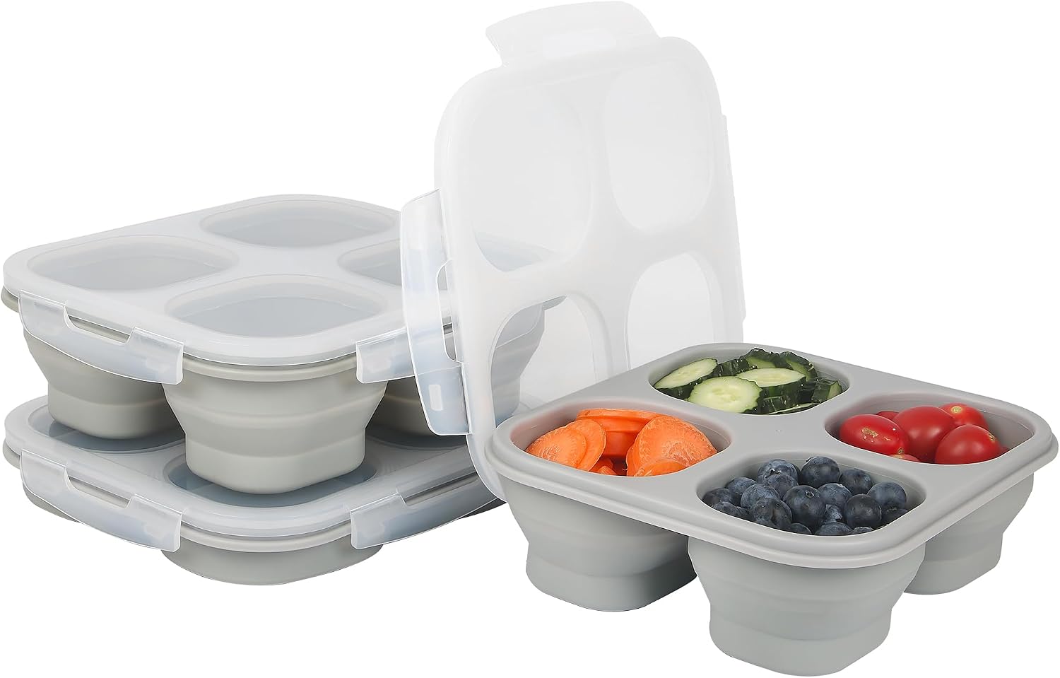 Collapsible Silicone Food Storage Container, 4-Compartment Snack Containers Portion Control with Clip-on Lid, Stackable, Space Saving, Microwave/Fridge/Freezer/Dishwasher Safe (3)
