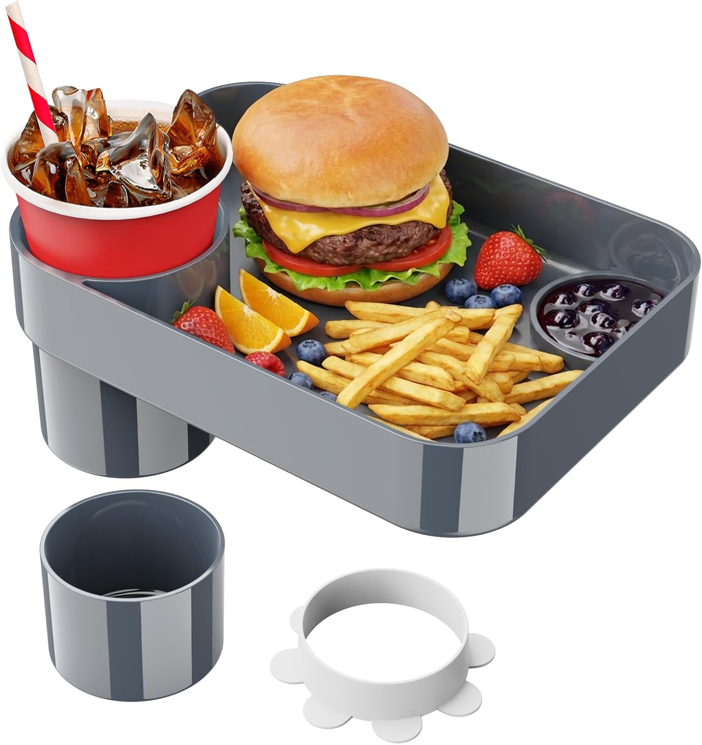 Square Car Seat Cup Holder Snack Tray for Kids, 1-Pack, Dark Gray | Built-in condiment dish, extra cup holder base and silicone ring, holds food, drinks and toys, helps reduce travel mess