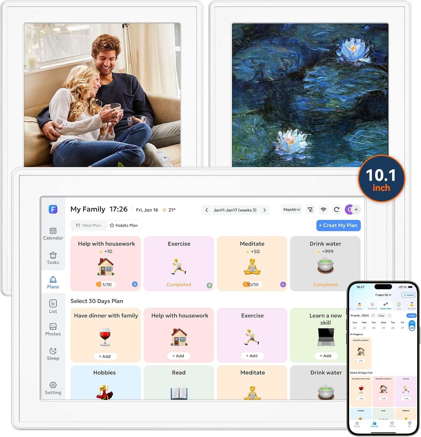 10.1″ Smart Digital Calendar, No Subscription Family Hub | Calendar Sync, Meal Planner, Photo & Video Display, Touch Screen, Wall & Desk Mount for Family Organization