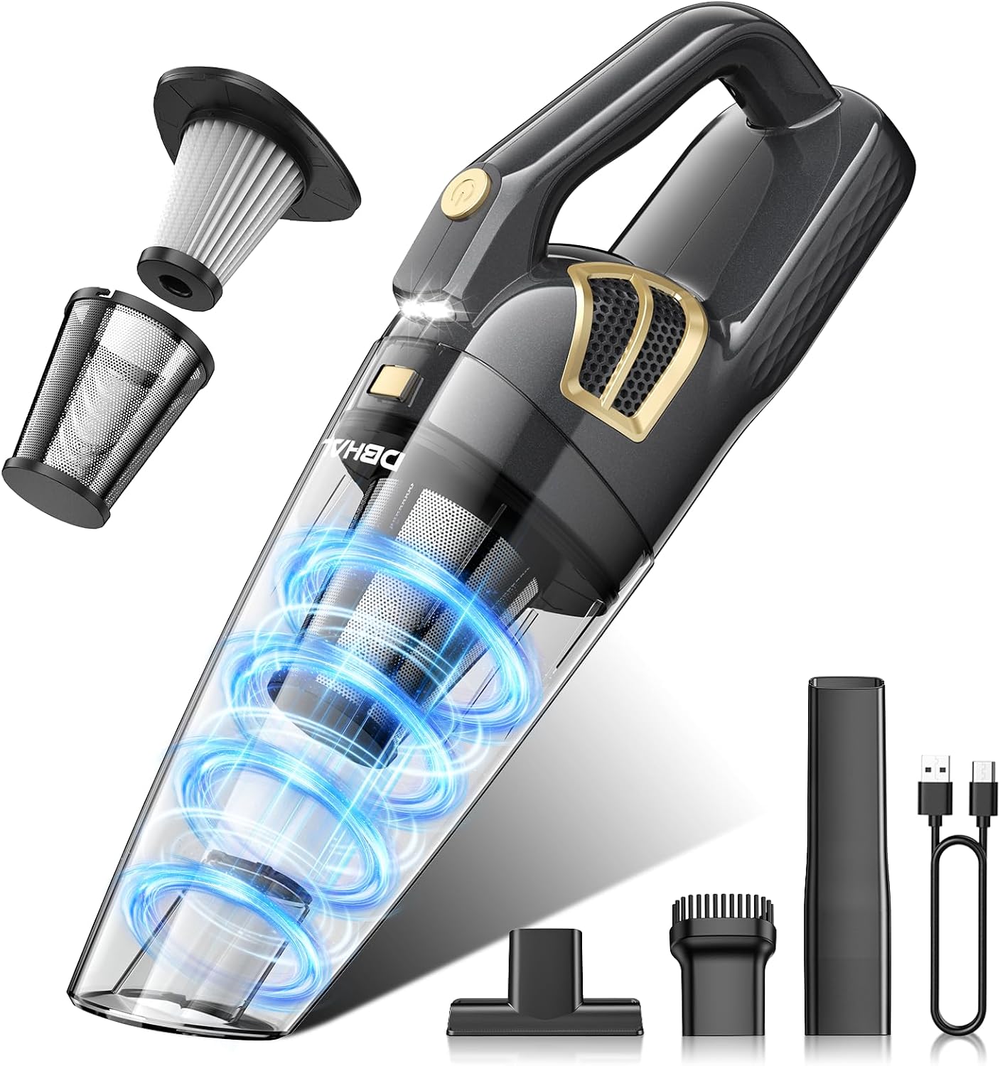 Handheld Vacuum Cordless Rechargeable, Hand Held Car Vacuum Cleaner | 16000PA Powerful Suction Portable Car Vacuum Cleaner with Multi Accessories, Hand Vacuum Cordless Rechargeable for Car Home