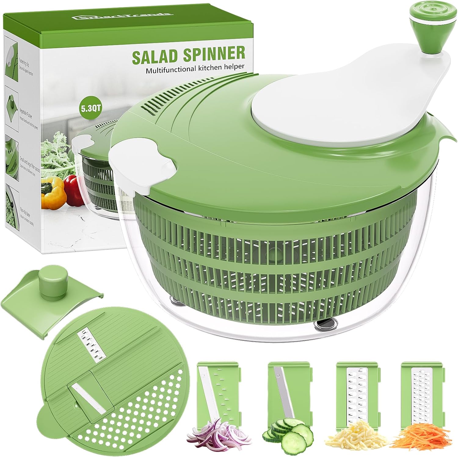 Salad Spinner, 5.3 QT Lettuce Spinner with Strainer & 4 Blades, Green | 4 Replaceable Blade for Shredding, Slicing and Pureeing, Salad Washer & Dryer for Quick Meal Prep