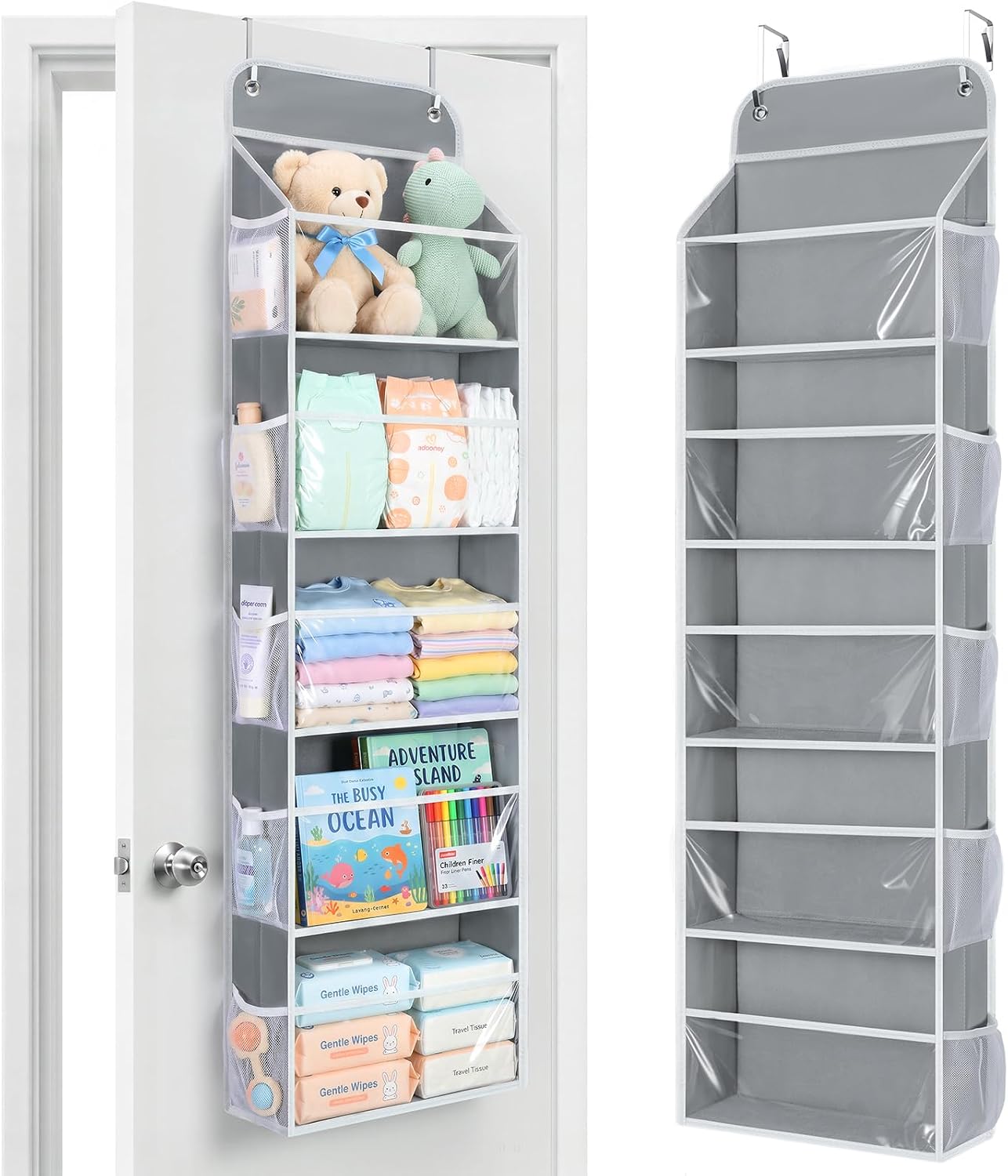 Yecaye 5-Tier Over the Door Organizer Hanging, 10 Side Pockets, Grey | 5 Clear PVC Windows, Anti-Sway Design, Tool-Free Installation, Stores Toys, Baby Essentials & Bathroom Supplies