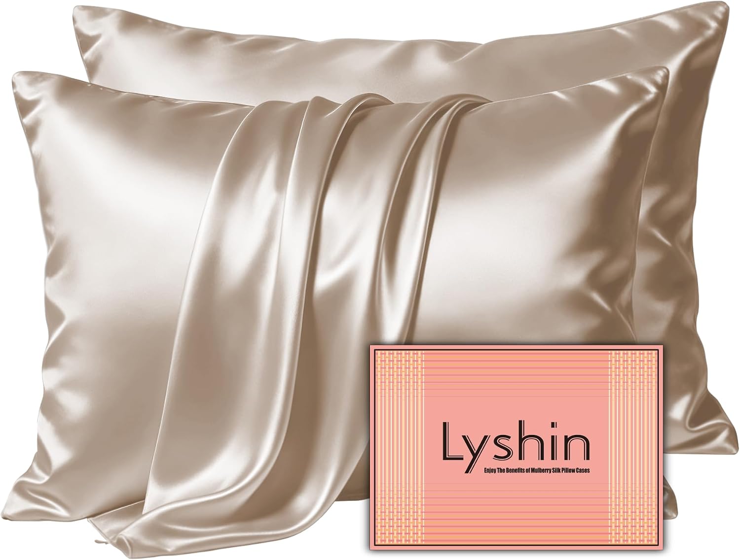 LYSHIN Silk Pillow Cases 2 Pack Standard Size with Zipper, Champagne | 19 Momme Mulberry Silk Pillowcase for Skin and Hair, Anti-Acne, Hypoallergenic, Cooling, Beauty Sleep, Gifts for Women