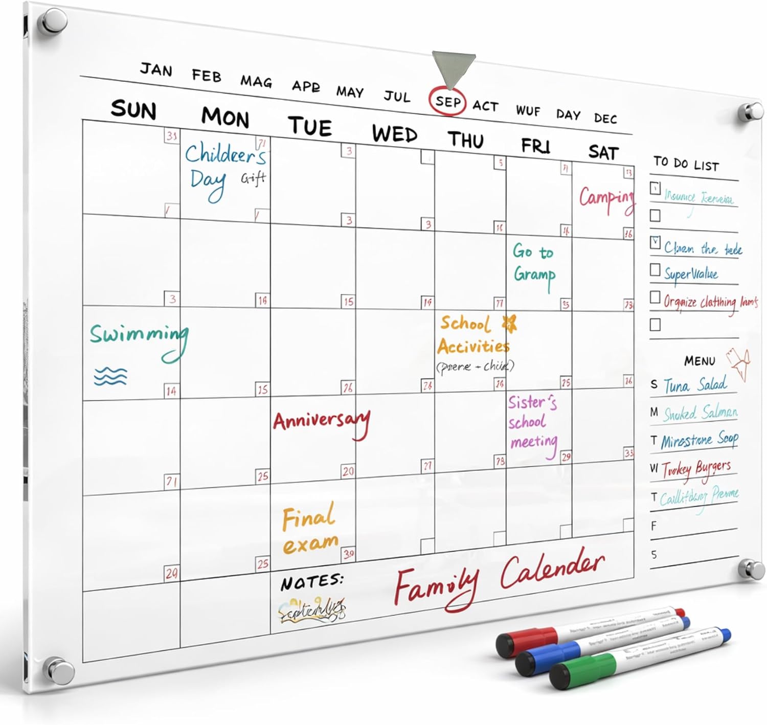 Large 28×20 Acrylic Wall Calendar – Clear Dry Erase Monthly Planner for Wall – Family Command Center for Home, Office & Kitchen – Reusable Acrylic Calendar with Markers & Accessories