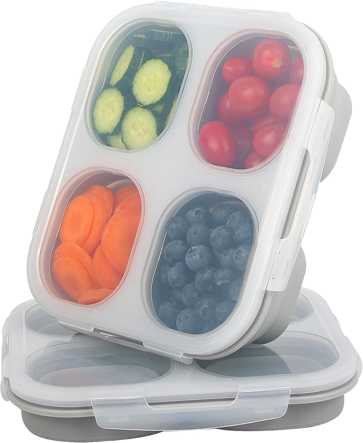4-Compartment Collapsible Silicone Snack Containers (2-Pack), Leakproof Bento Box for Adults Portion Control, Space Saving Food Storage snakle box with Airtight Clip Lids, Microwave Safe (2)