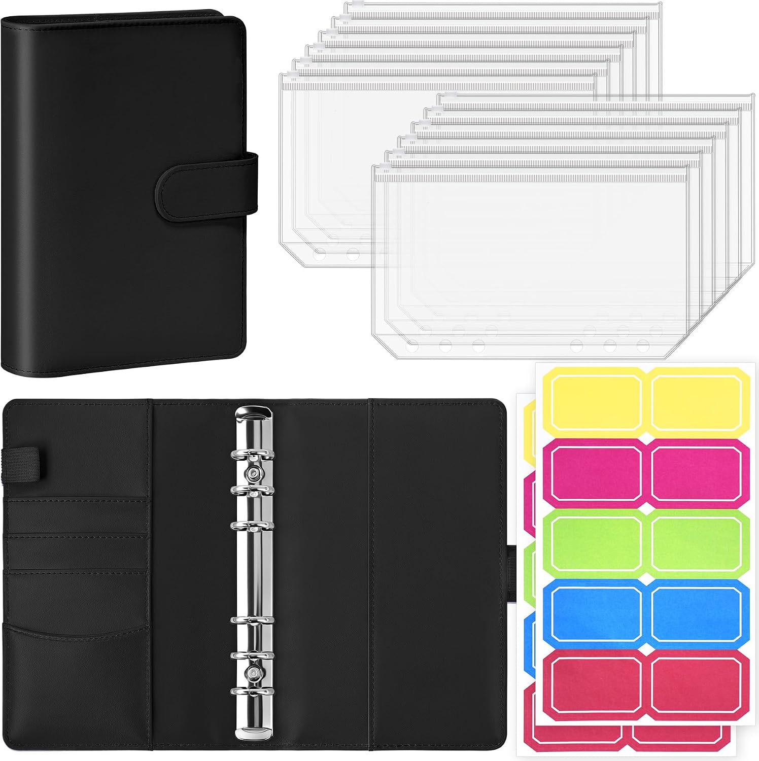 Antner A6 Budget Binder with Zipper Cash Envelopes for Money Organizer & Budgeting, PU Leather Budget Planner Money Saving Binder with Cash Stuffing Envelopes & Labels for Home Office Travel, Black