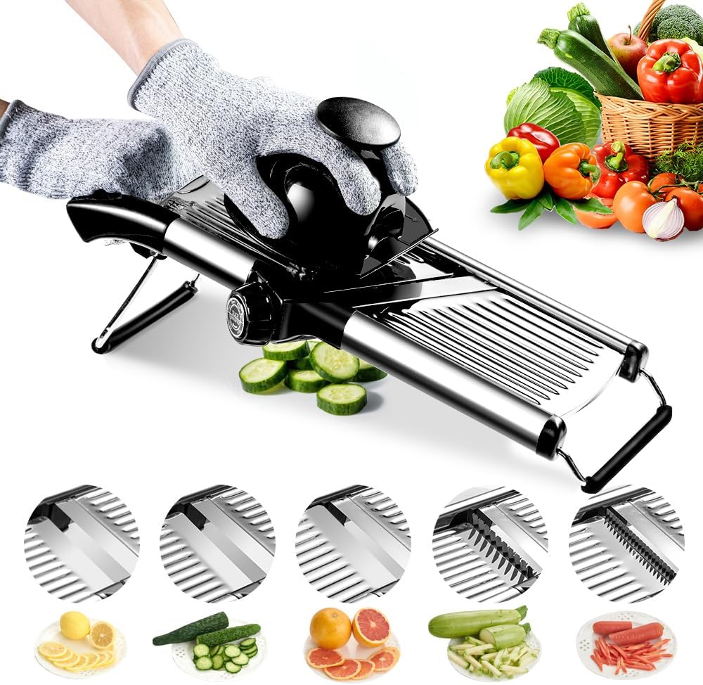 Weltonhm Mandoline Slicer for Kitchen, Mandolin and Julienne for Vegetables | Stainless Steel Mandoline Slicer for Onion, Cucumber, Cabbage, Potato and Carrot Vegetable Slicer with Cut-Resistant Gloves