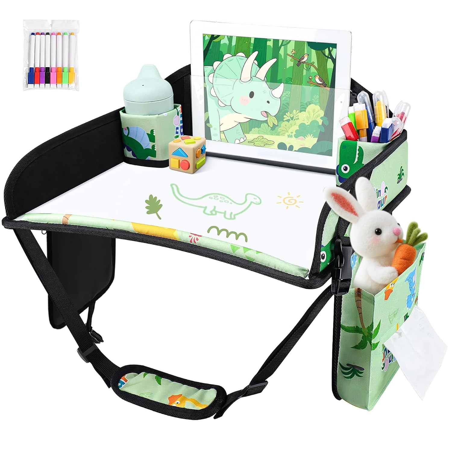 Kids Travel Tray for Car Seat, Road Trip Activities, Green 1PCS | 17″ x 13.5″ Smooth Dry Erase Board, Storage Pouches, Cup holders, Ddjustable Shoulder Carry Strap