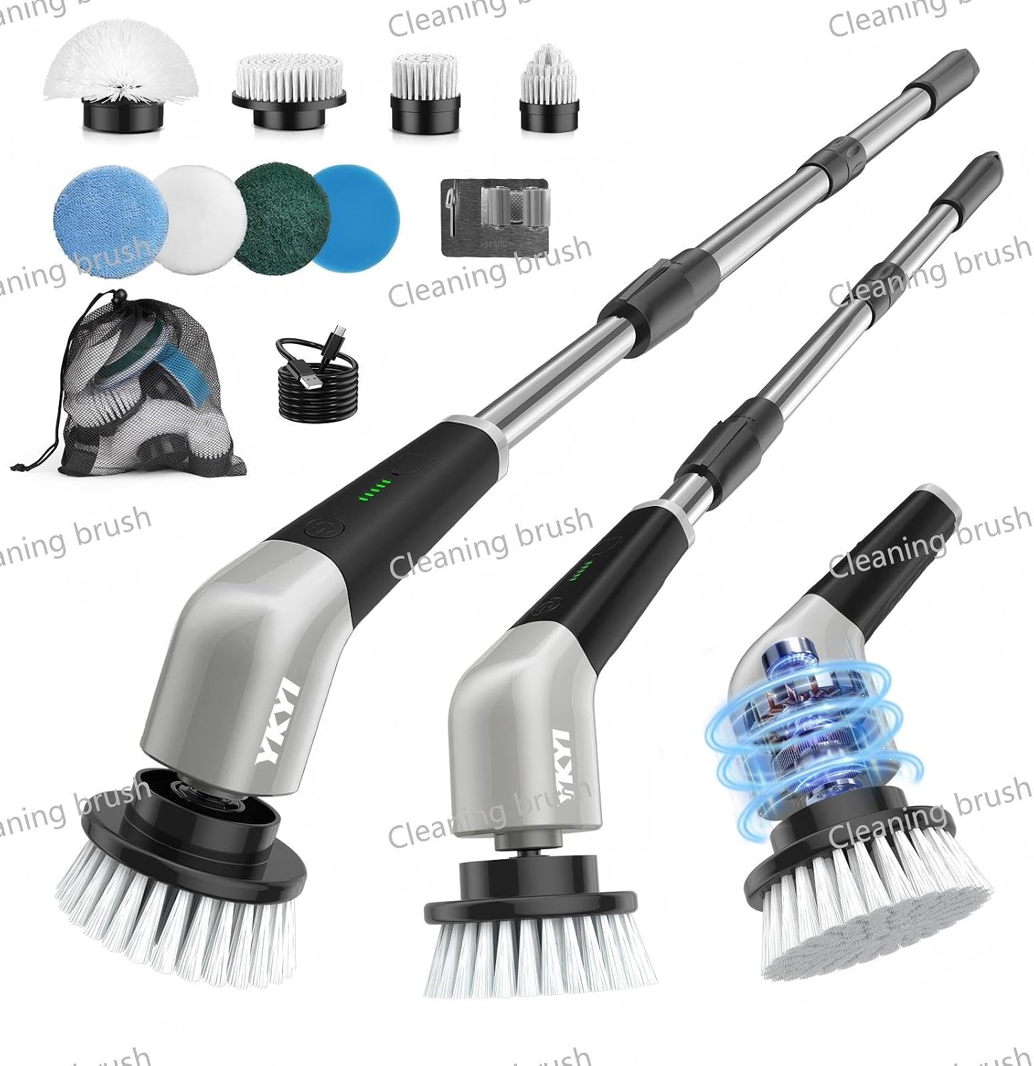YKYI Electric Spin Scrubber, Cordless Power Scrubber Cleaning Tool with 8 Replaceable Heads and Extension Handle for Bathroom, Tub, Tile, Floor, Grout and Car (Light Gray)