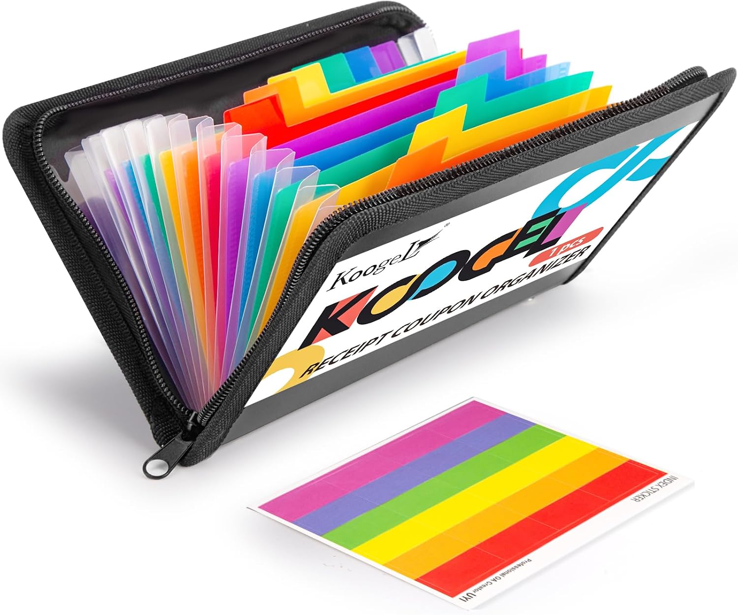 Koogel 13 Pockets Expanding File Folder, Zipper Accordion Organizer, Black | Small 8.3×5.1 Receipt Holder with Labels, for Organizing Coupons, Bills, Business Cards, Document, Zipper Closure, Classroom
