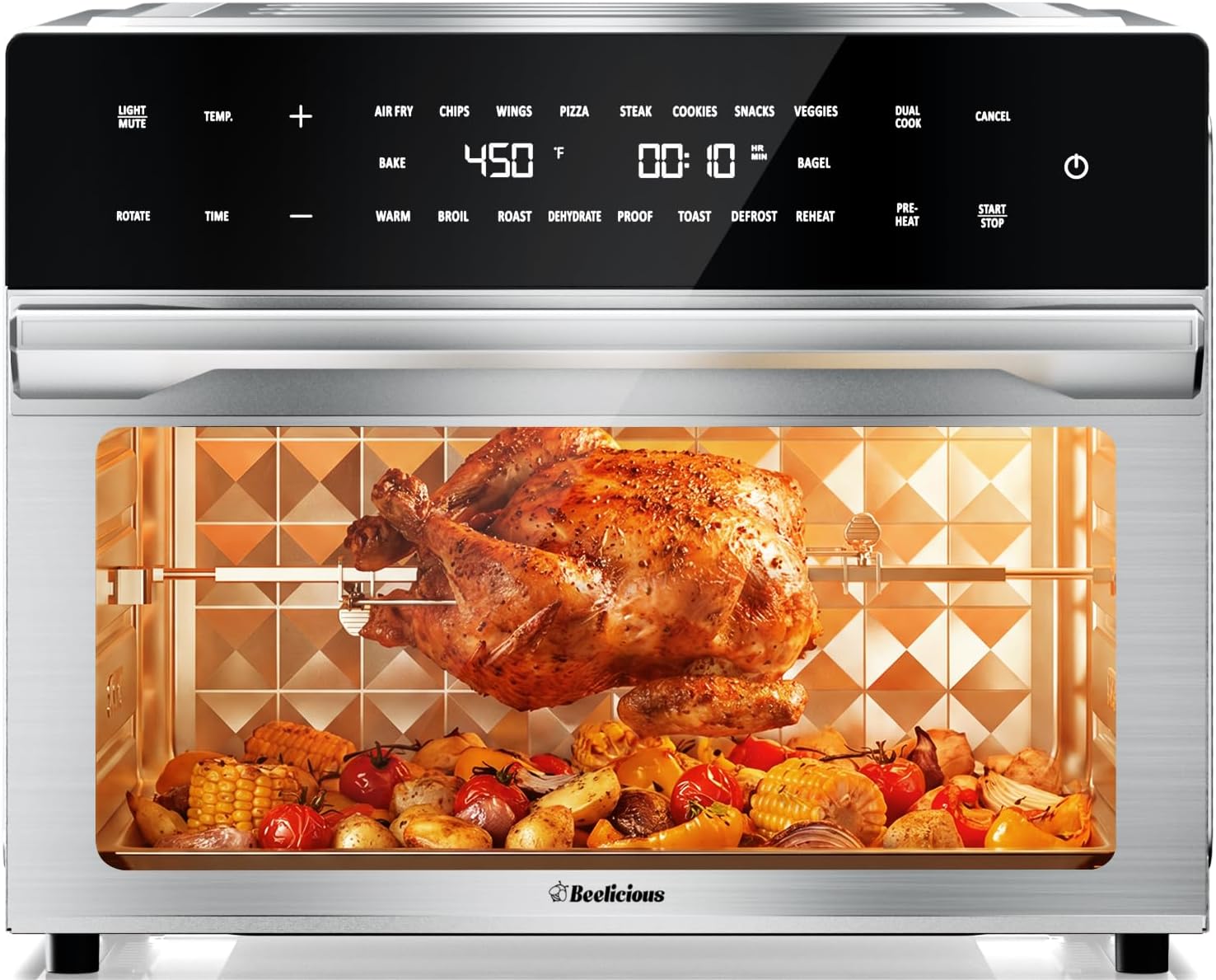 Beelicious 32QT Extra Large Air Fryer, 19-In-1 Air Fryer Toaster Oven Combo with Rotisserie and Dehydrator, Digital Convection Oven Countertop Airfryer Fit 13″ Pizza, 6 Accessories, Stainless Steel