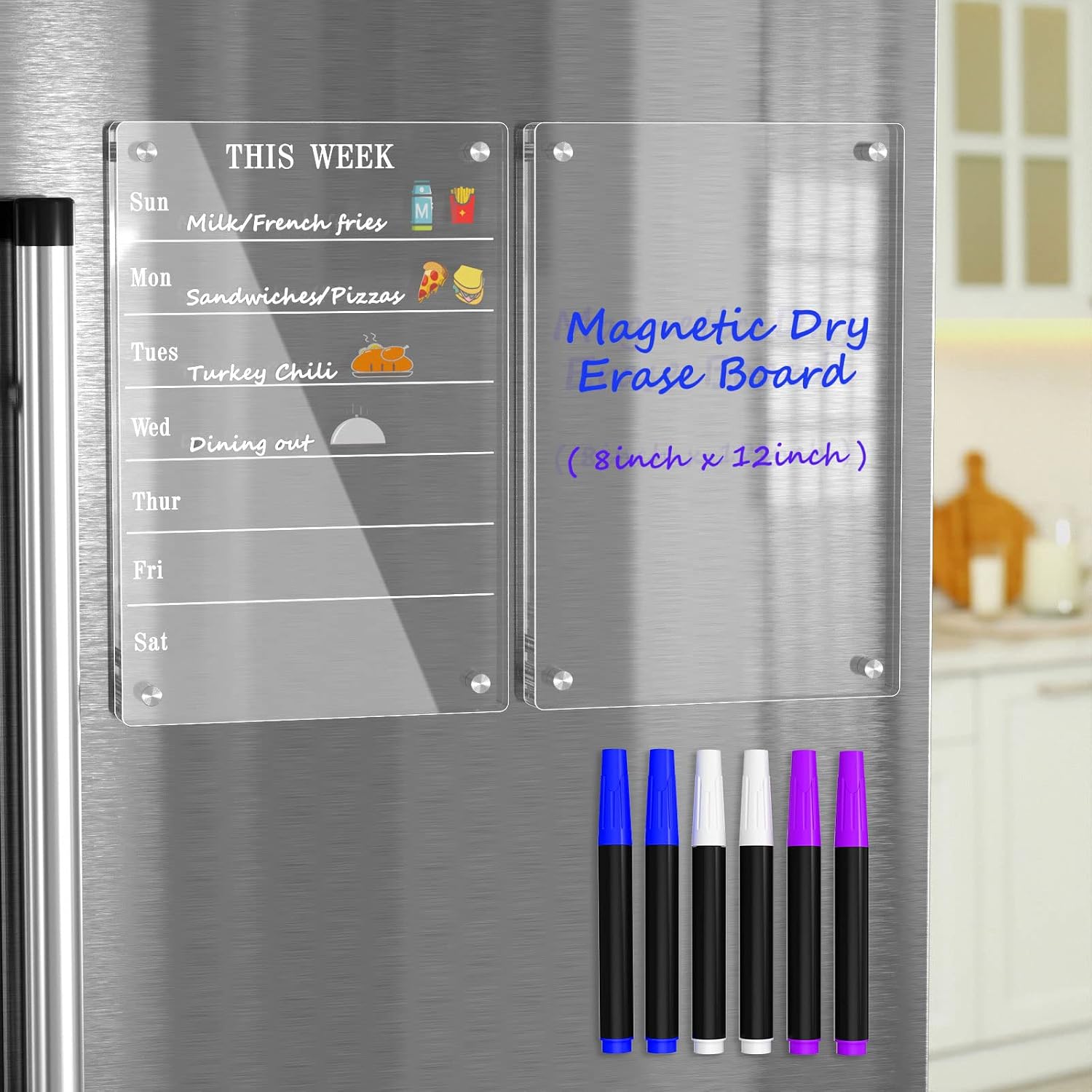 AITEE Magnetic Weekly Dry Erase Board and Memo Set for Fridge with Markers | 8″x12″ acrylic, 2 pack, 6 markers 3 Colors, smooth writing, easy clean, no-drill, for kitchen office family