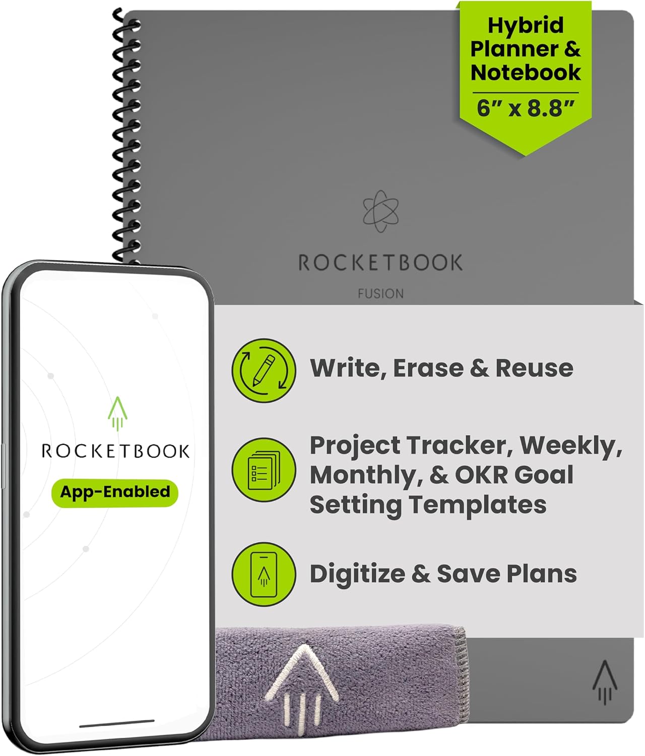 Rocketbook Fusion Hybrid Reusable Planner Notebook, Executive 6×8.8, Grey | Goal Tracking, Project Planning & Note-Taking in One Notebook