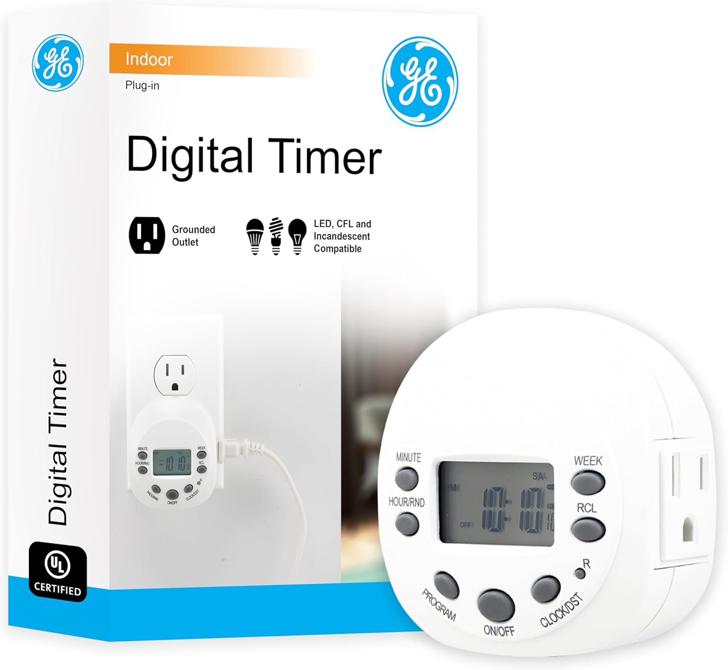 GE Plug-in Digital Timer, 1 Grounded Outlet, 7-Day Programs, White | Customizable On and Off Times, Manual Override, Battery Backup, For Indoor Use, Plug-in Timer for Electrical Outlets