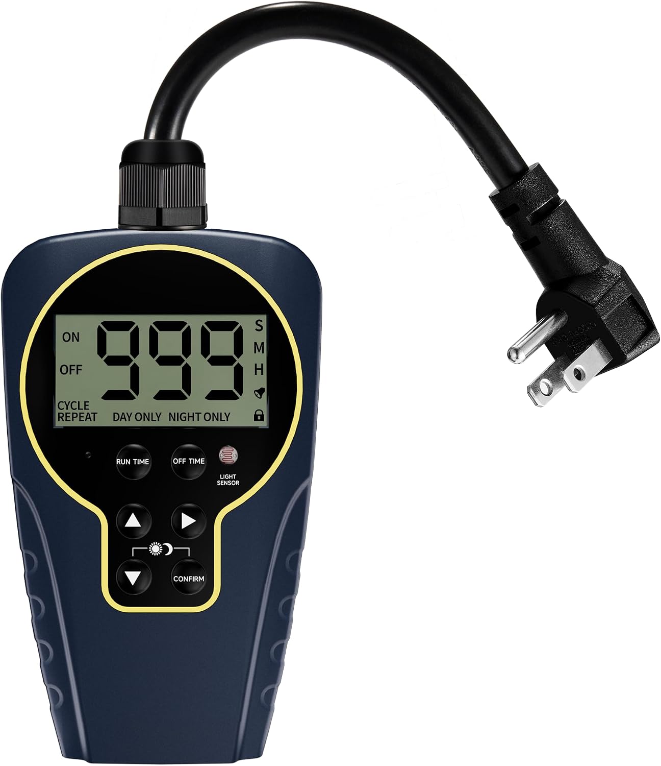 Techbee Repeat Cycle Timer Plug Outlet, 15A 1HP | 1 s to 999 h Interval, Short/Long On-Off, Countdown, Light Sensor, Waterproof for Outdoor