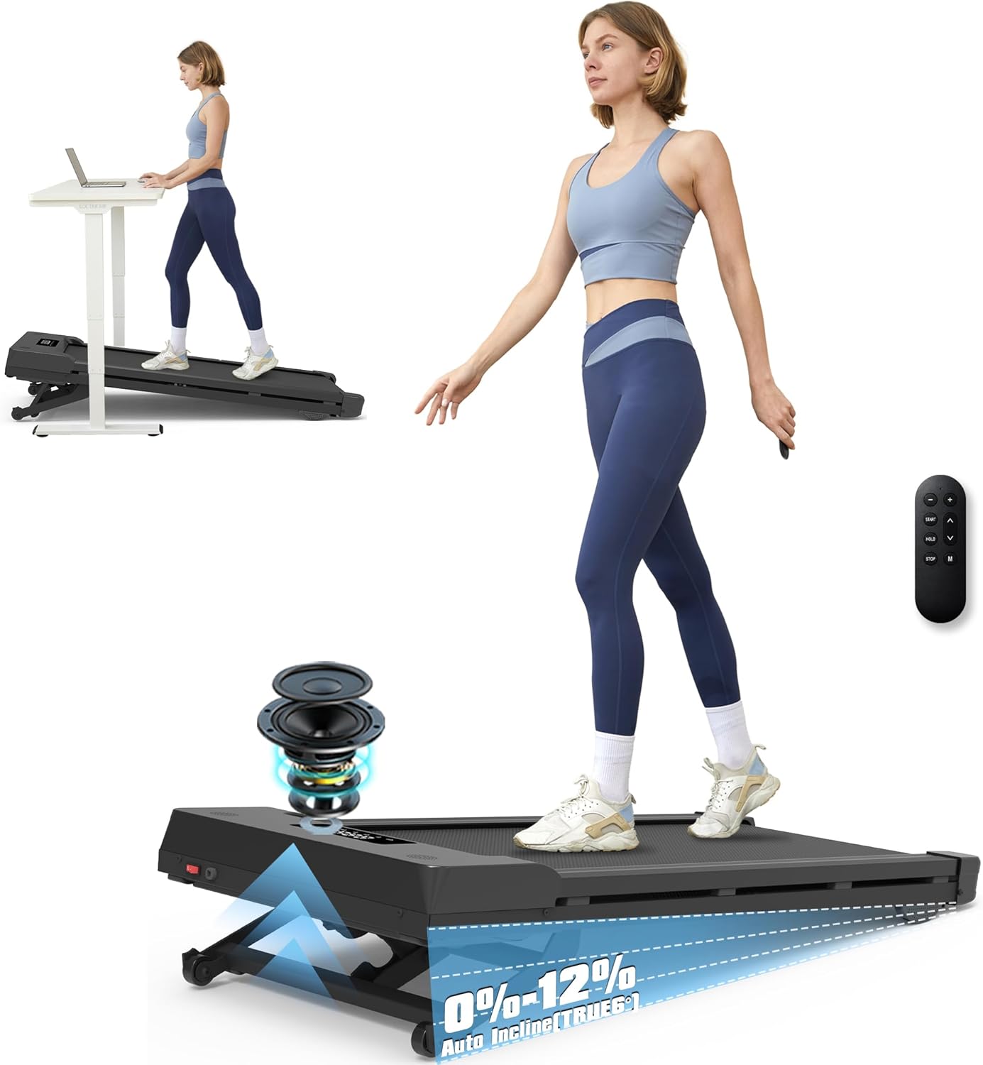 Walking Pad Treadmill, Auto Incline to 12%, Under Desk Treadmill | 450 lb capacity, Auto incline 9 levels max 12%, smart APP tracking, Bluetooth speaker, compact treadmills for home