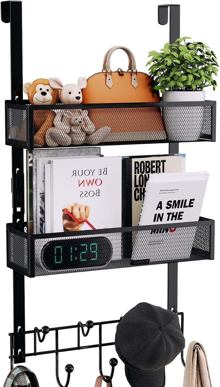 Consumest Over The Door Hooks Organizer – 3 Tier Door Hanger with 9 Coat Hooks & 2 Mesh Basket, Back Storage Organizer Hanging Towels for Bathroom, Bedroom, Black