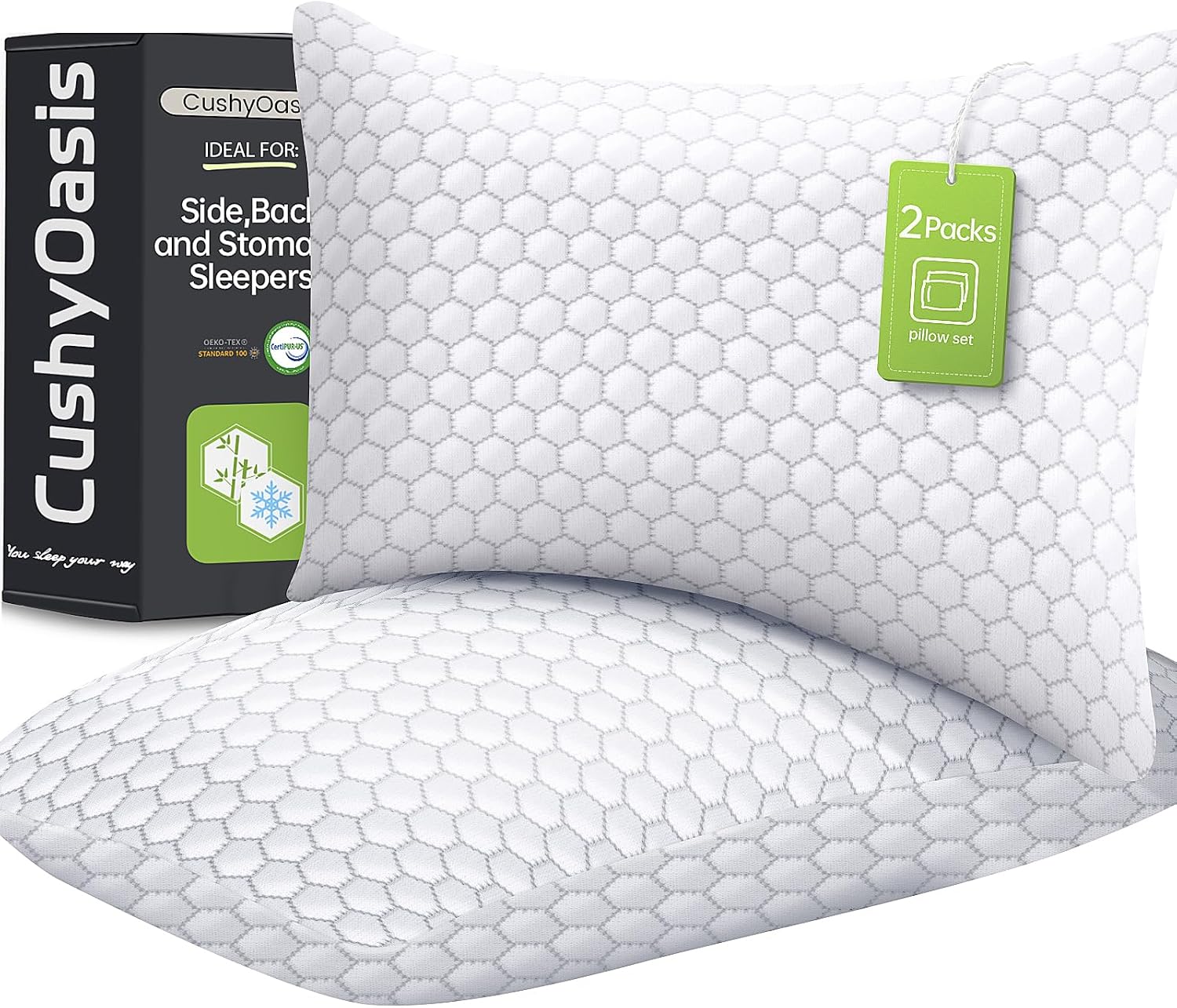 CushyOasis Cooling Pillow for Sleeping, Pillows Queen Size Set of 2, Gray | CertiPUR-US Shredded Memory Foam Pillows, Cool Bed Pillow for Hot Sleepers, Adjustable Firm for Side, Back, Stomach Sleepers