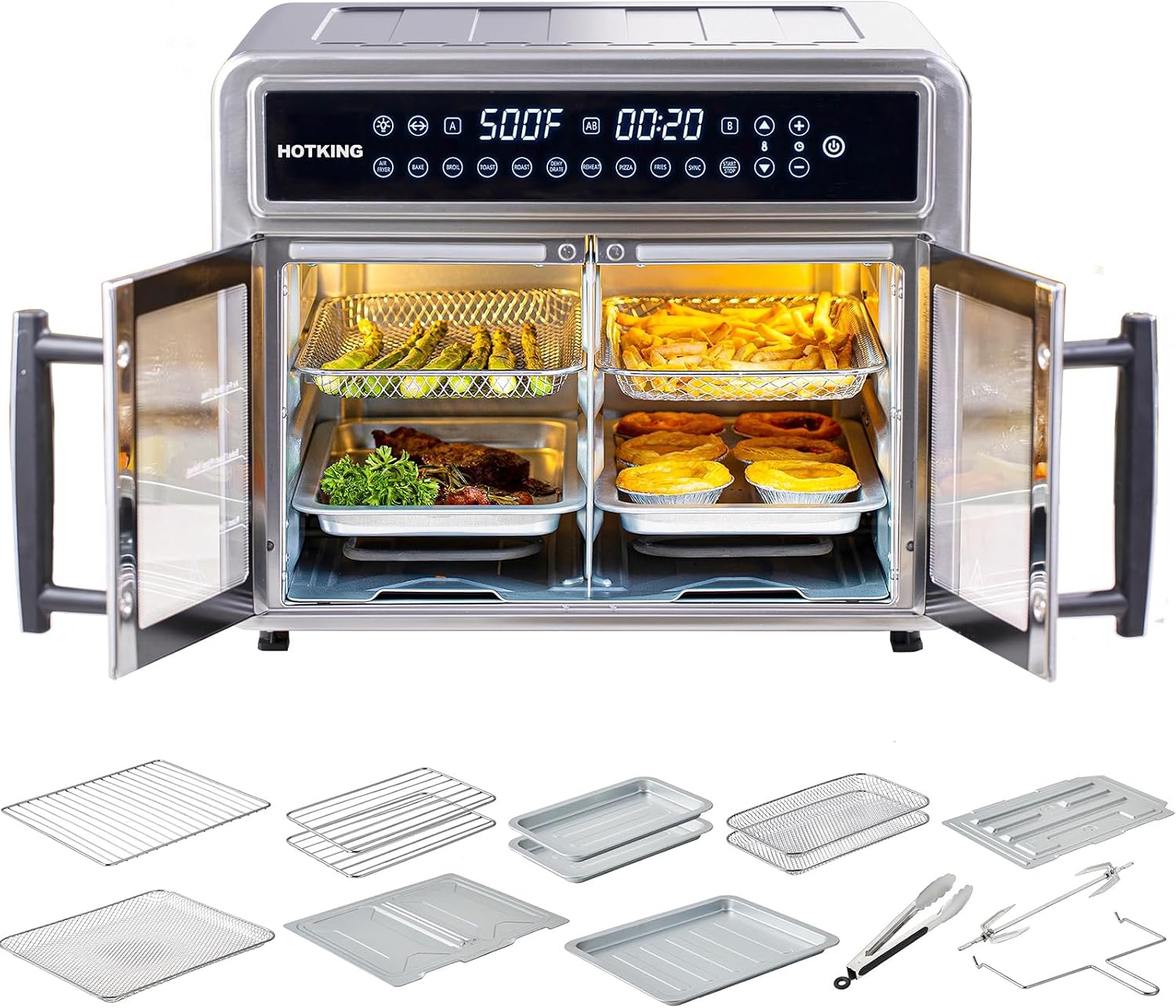 HotKing Dual-Zone Air Fryer Toaster Oven Combo, 28 QT XL Convection Oven | French Door, Stainless Steel Non-Toxic, 10-in-1 Multifunction, 500F Broil, Rotisserie, Dehydrate, Reheat, Bake, ETL Rated