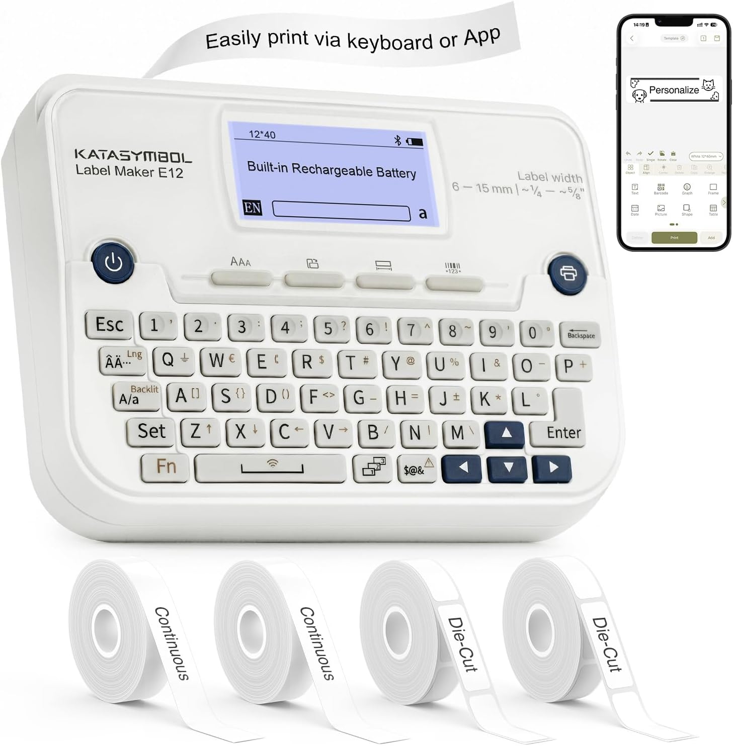 SUPVAN E12 Keyboard & Bluetooth Label Maker Machine with 4 Tapes, White | Rechargeable, LCD Backlit Display, App with 30+ Fonts & 660+ Icons, Minimal Margin, Inkless, for School, Office, Home