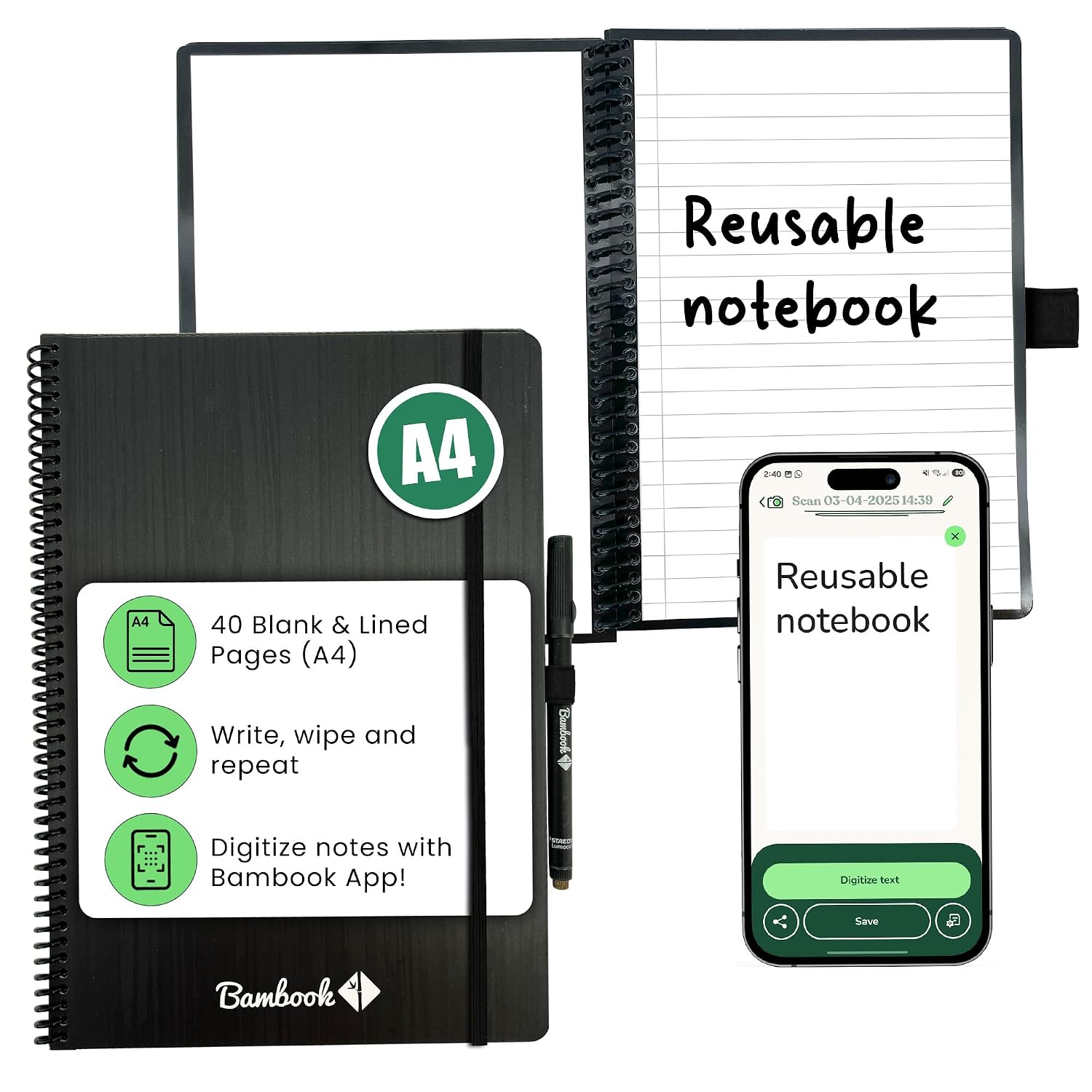 Bambook Classic Notebook Original – A4 – Blank & Lined, Reusable Notebook, Notepad, Reusable Notebook